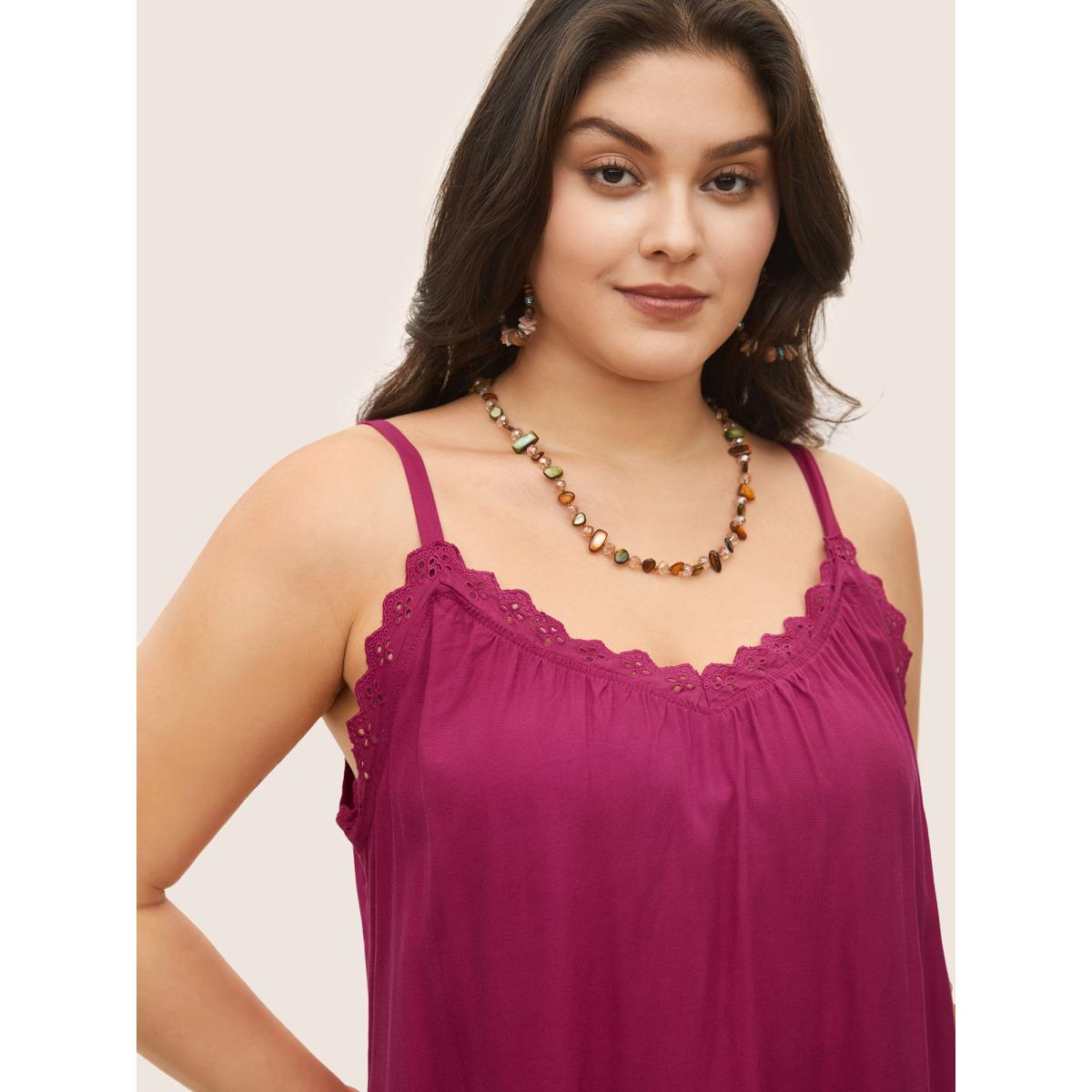 Plus Size Rayon Lace Panel Gathered Cami Top Women RedViolet Elegant Woven ribbon&lace trim V-neck Everyday Tank Tops Camis BloomChic 12/L Product Image
