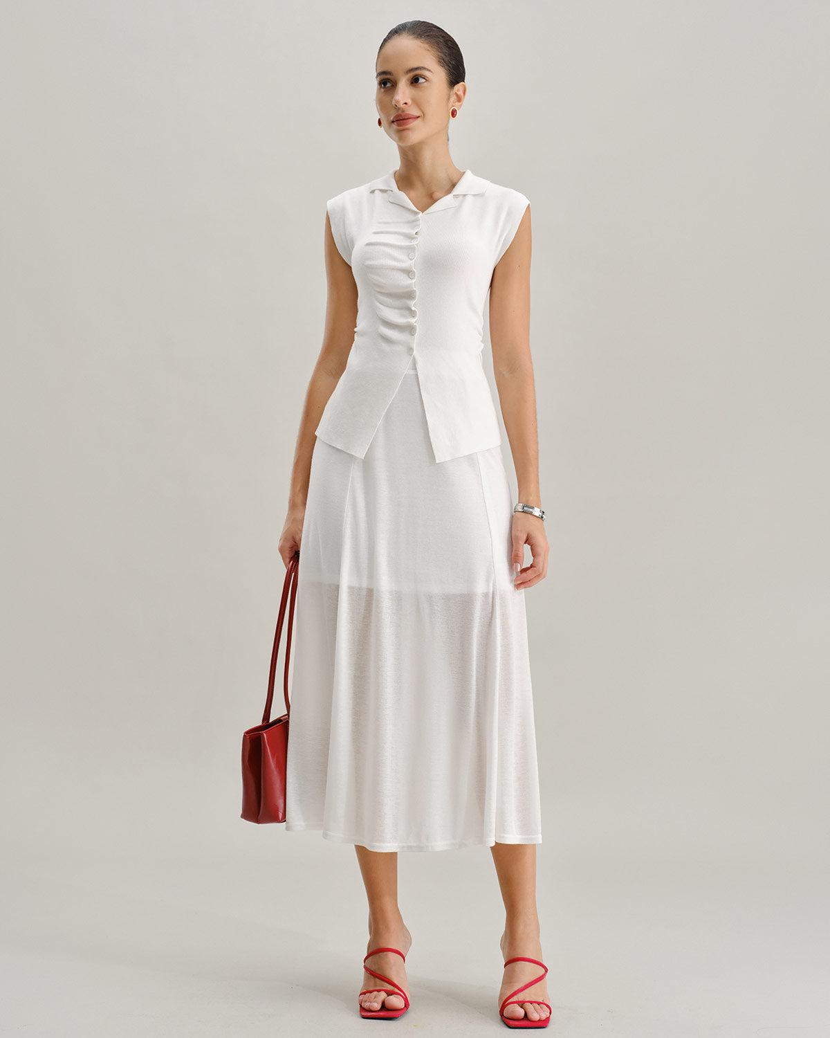 White Elastic Waist Straight Midi Skirt Product Image