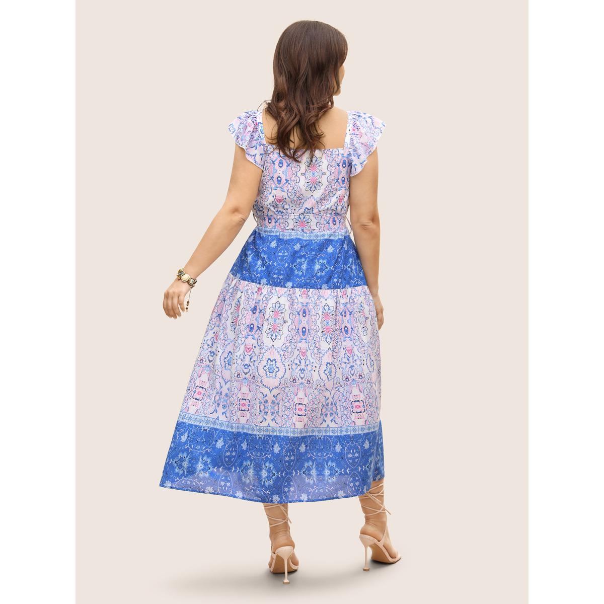 Plus Size Boho Print Ruffle Sleeve Belted Midi Dress Bluepurple Women Resort Belted Non Short sleeve Curvy BloomChic 26/4X Product Image