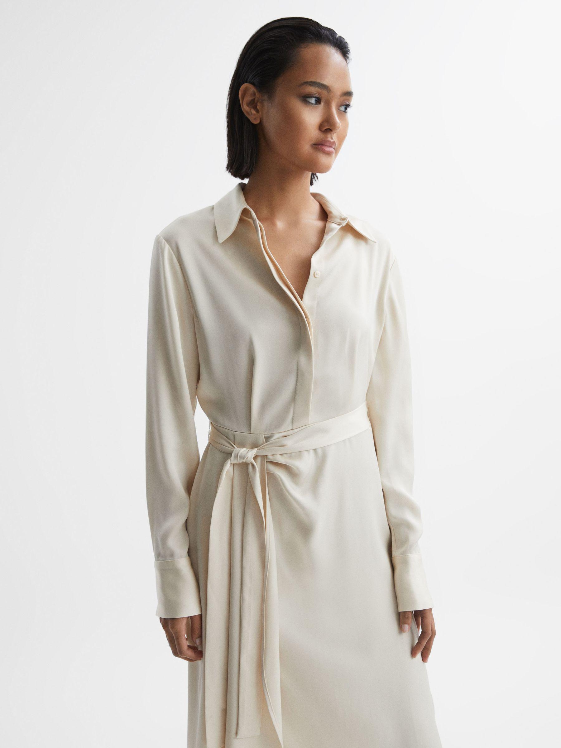 Satin Shirt-Style Midi Dress in Cream Product Image