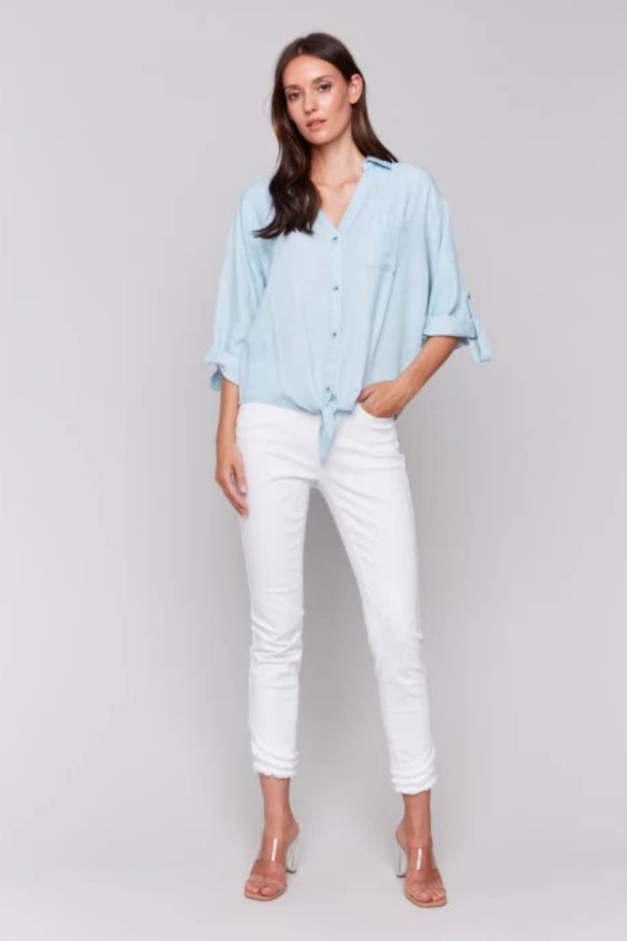 TENCEL BUTTON-FRONT BLOUSE WITH FRONT TIE Product Image