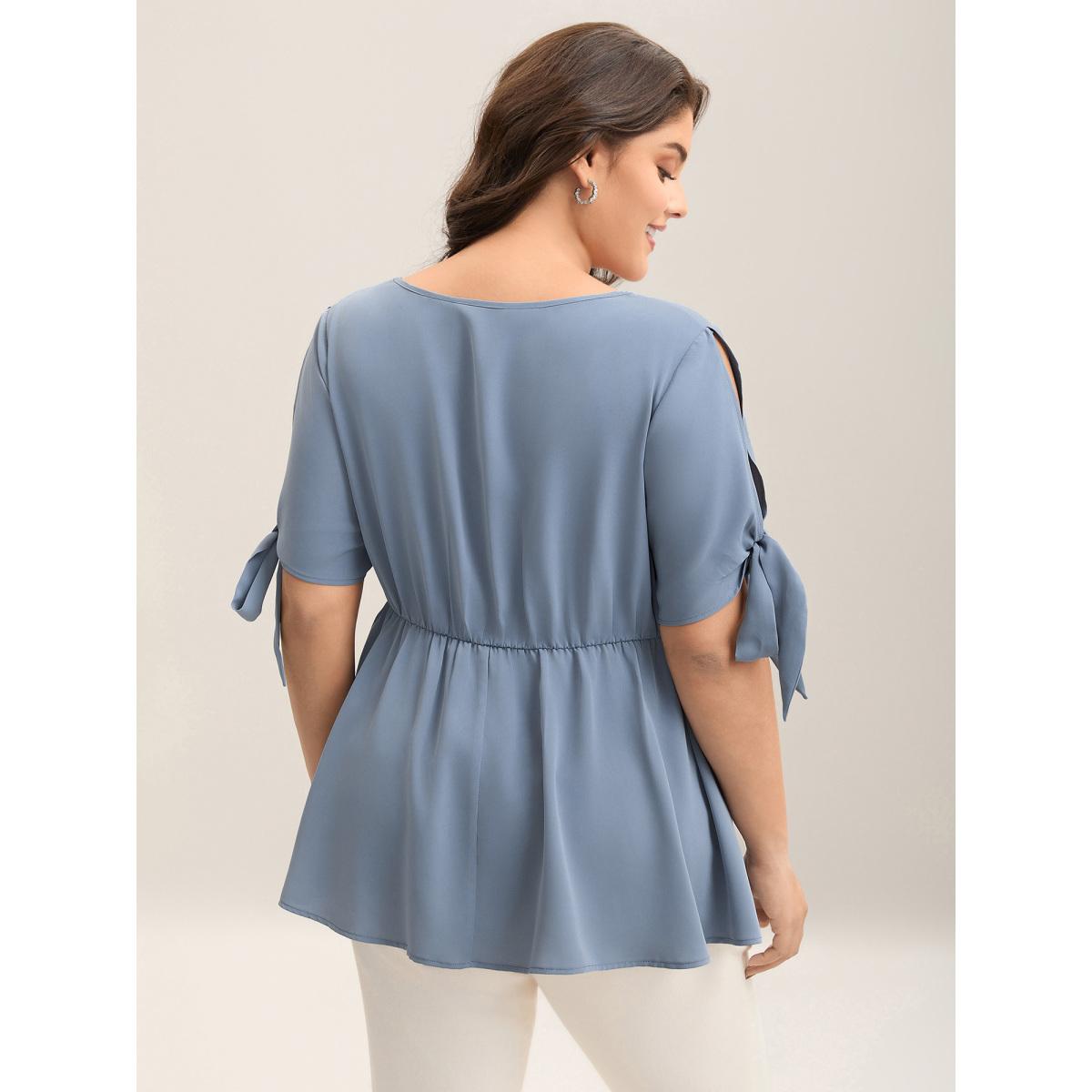 Plus Size Stone Knotted Sleeve Pearl Detail Keyhole Blouse Women Office Short sleeve Round Neck Office Blouses BloomChic 30/6X Product Image