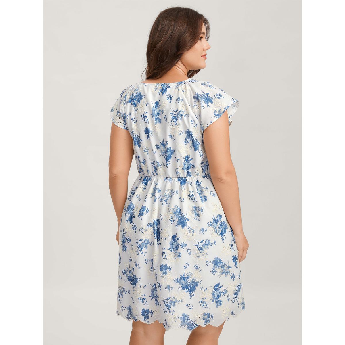 Plus Size Embroidered Floral Flutter Sleeve Midi Dress LightBlue Women V-neck Cap Sleeve Curvy BloomChic 30/6X Product Image