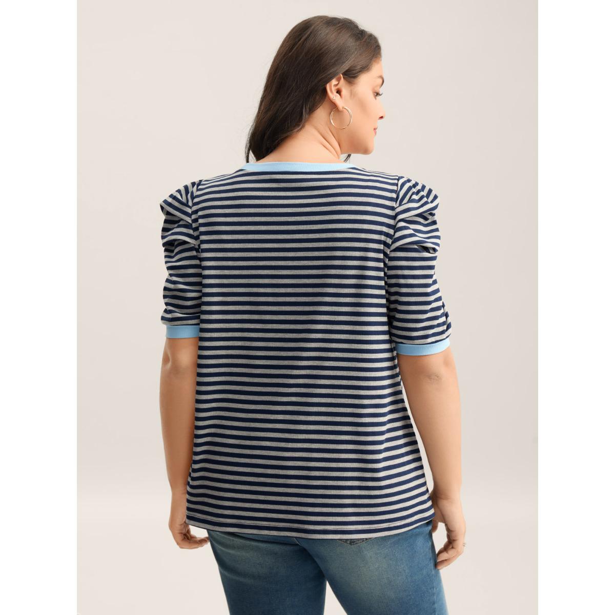 Plus Size Textured Stripes Color Contrast T-Shirt Indigo Women Texture Round Neck Everyday-Casual T-shirts BloomChic 14-16/1X Product Image