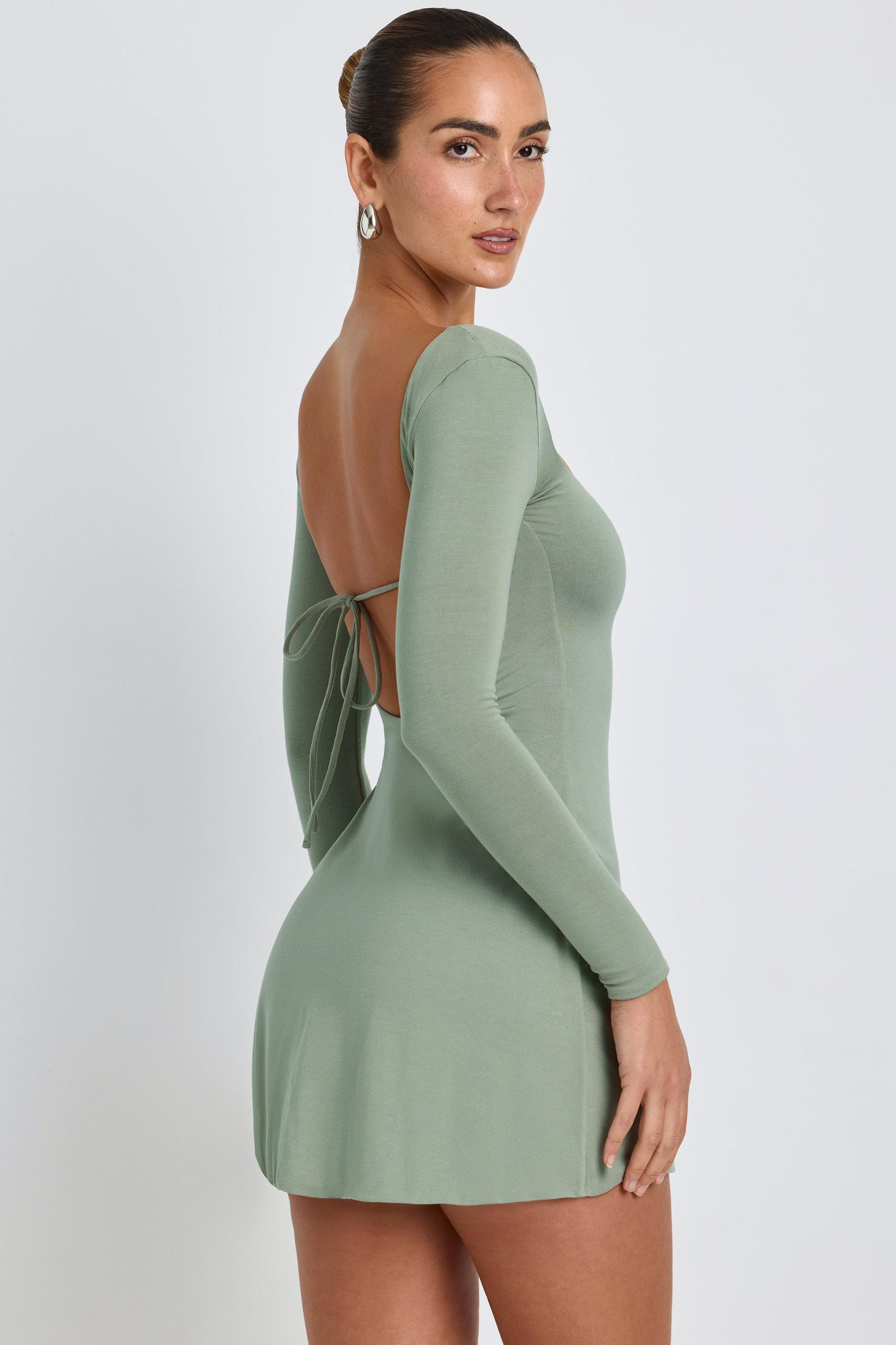 Modal Square Neck Long Sleeve Mini Dress in Sage Green Female Product Image