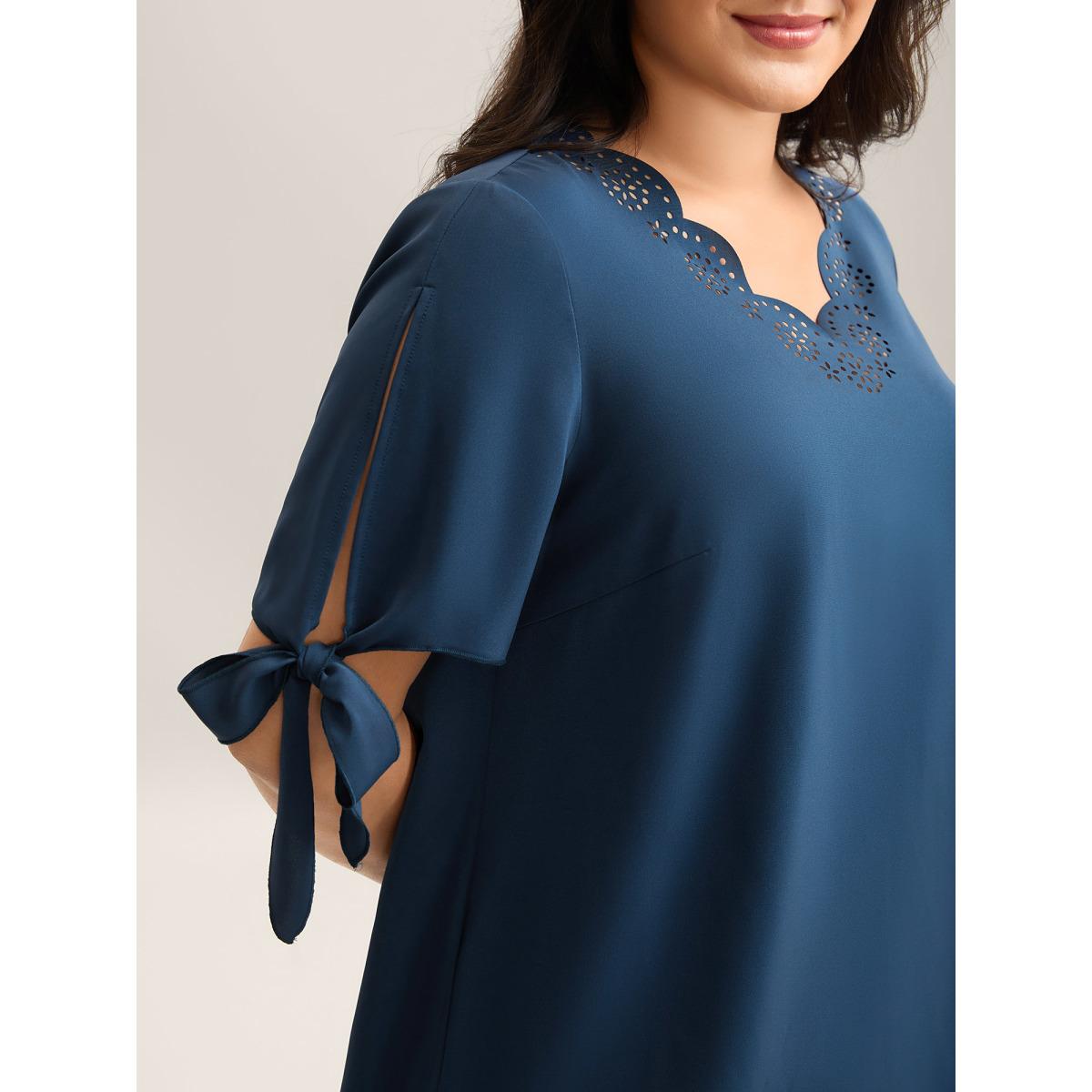 Plus Size Aegean Laser Cut Neckline Knotted Sleeve Blouse Women Short sleeve V-neck Work Blouses BloomChic 22-24/3X Product Image
