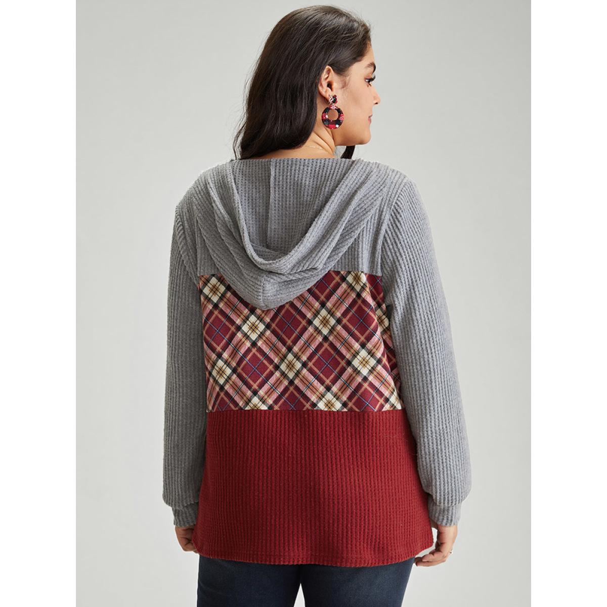 Plus Size Plaid Patchwork Textured Hooded Contrast Sweatshirt Women Red Casual Waffle Knit Hooded Festival-Christmas Sweatshirts BloomChic 14-16/1X Product Image