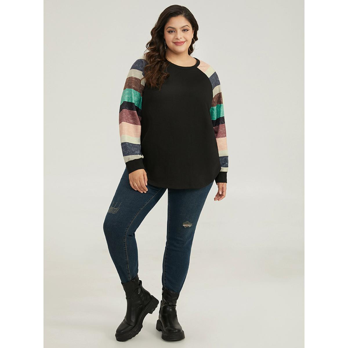 Plus Size Striped Patchwork Contrast Raglan Sleeve Sweatshirt Women Black Casual Contrast Round Neck Dailywear Sweatshirts BloomChic 26/4X Product Image