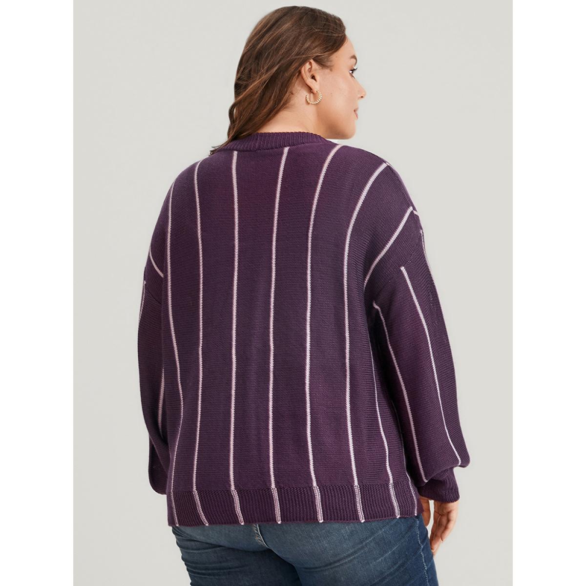 Plus Size Vertical Striped Contrast Pointelle Knit Lantern Sleeve Button Front Cardigan Eggplant Women Casual Loose Long Sleeve Dailywear Cardigans BloomChic 12/L Product Image