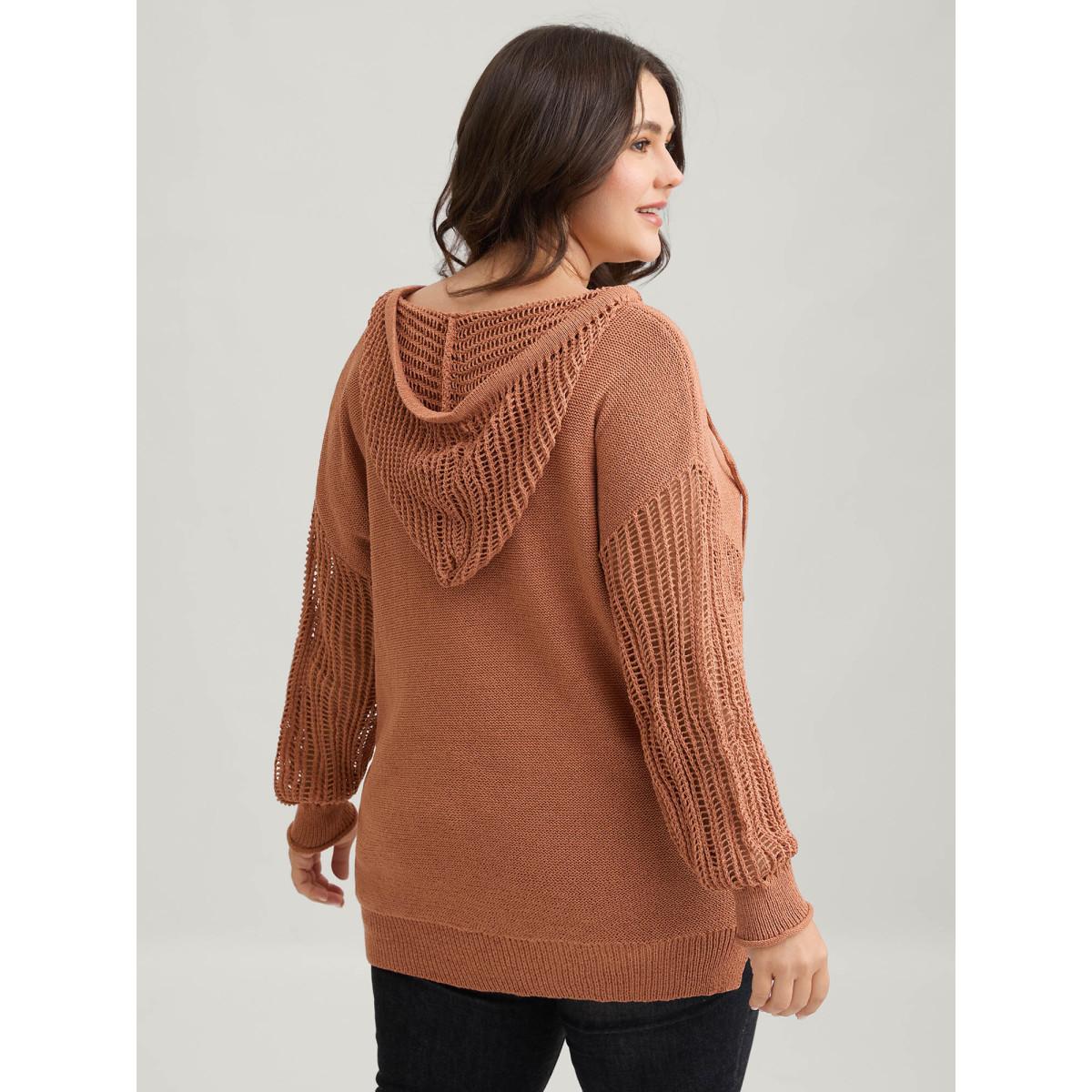 Plus Size Hooded Drawstring Cut Out Pocket Pullover Yellowishbrown Women Leisure Three Quarter Length Sleeve V-neck Casual Pullovers BloomChic 26/4X Product Image