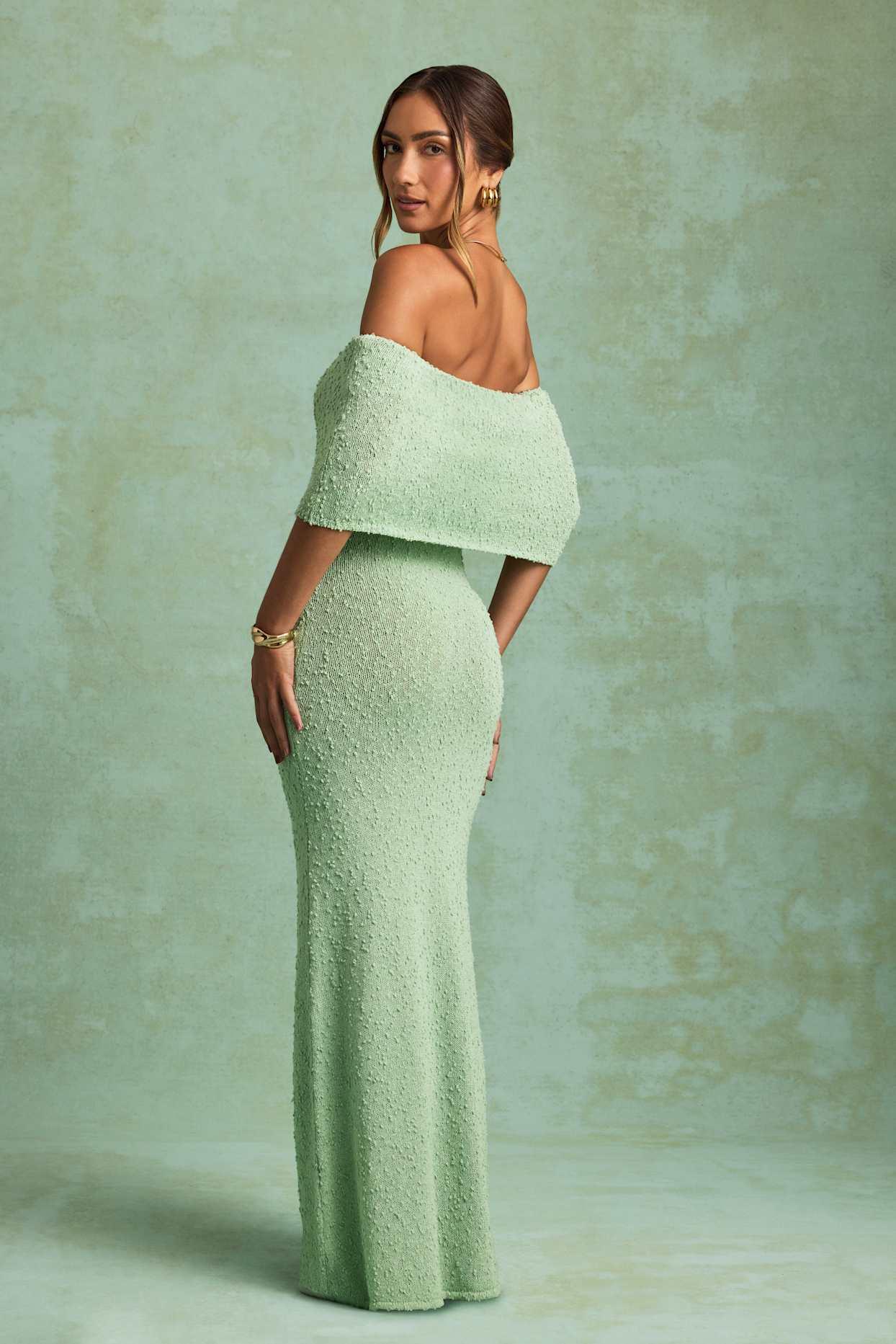 Bouclé Off-Shoulder Maxi Dress in Mint Girls Product Image