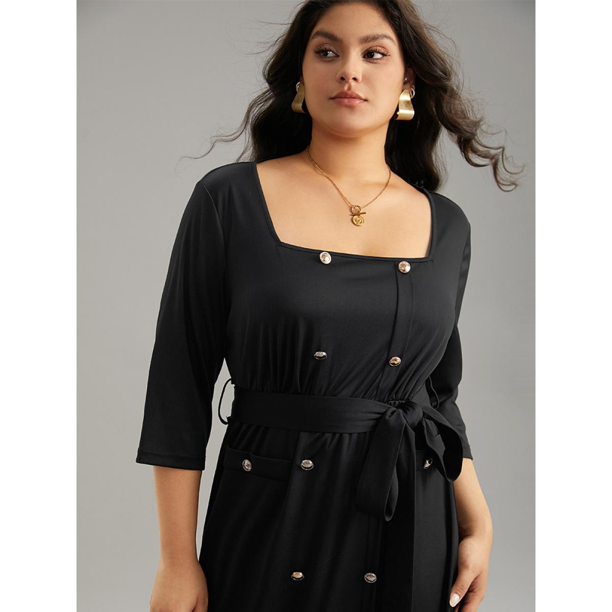 Plus Size Square Neck Metal Detail Belted Gathered Dress Black Women Office Plain Square Neck Elbow-length sleeve Curvy Midi Dress BloomChic 10/M Product Image