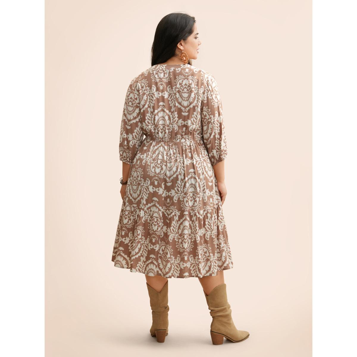 Plus Size Damask Print Tie Knot Puff Sleeve Dress DustyPink Women Resort Tie knot V-neck Elbow-length sleeve Curvy BloomChic 28/5X Product Image
