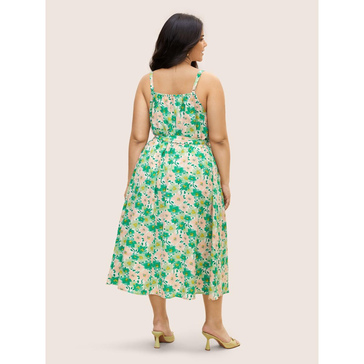 Plus Size Floral Surplice Neck Belted Midi Dress Applegreen Women Elegant Belted Non Sleeveless Curvy BloomChic 22-24/3X Product Image