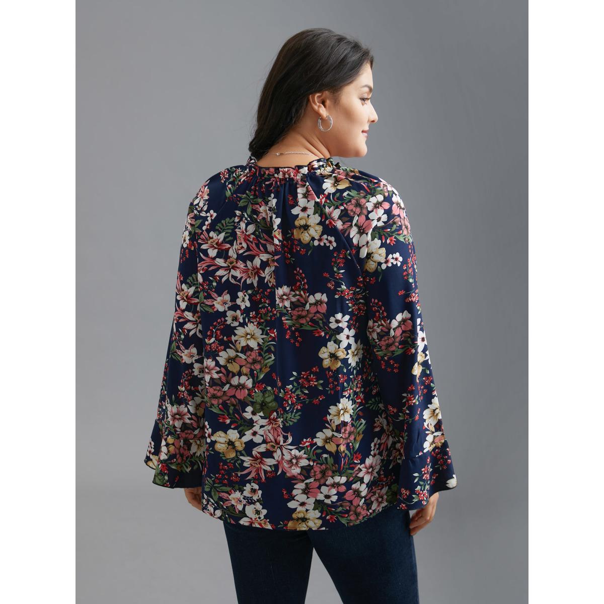 Plus Size Indigo Floral Tie Knot Flutter Sleeve Blouse Women Elegant Long Sleeve V-neck Everyday Blouses BloomChic 12/L Product Image