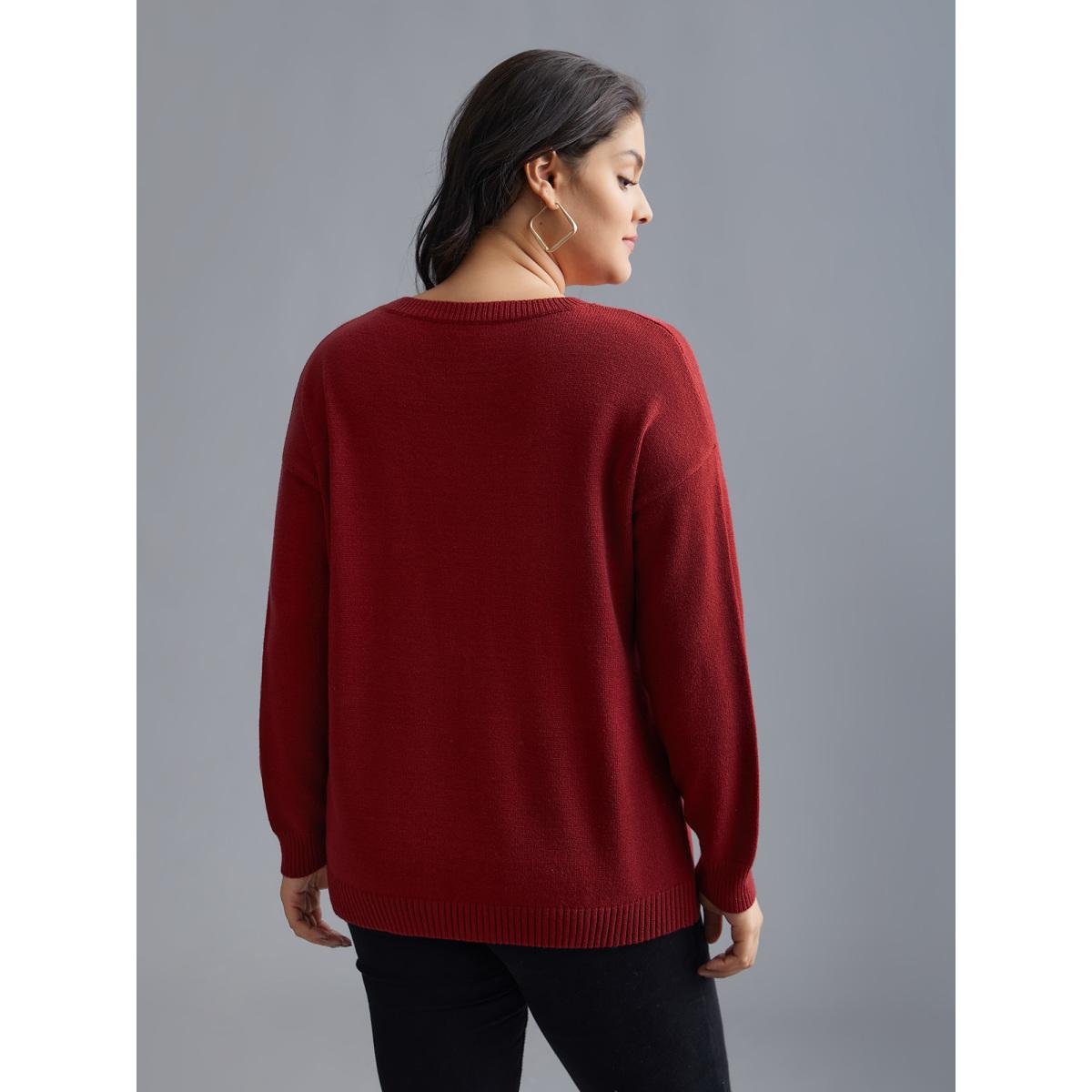 Plus Size Embroidered Bow Tie Drop Shoulder Pullover Deepred Women Playful Loose Long Sleeve Round Neck Casual Pullovers BloomChic 26/4X Product Image