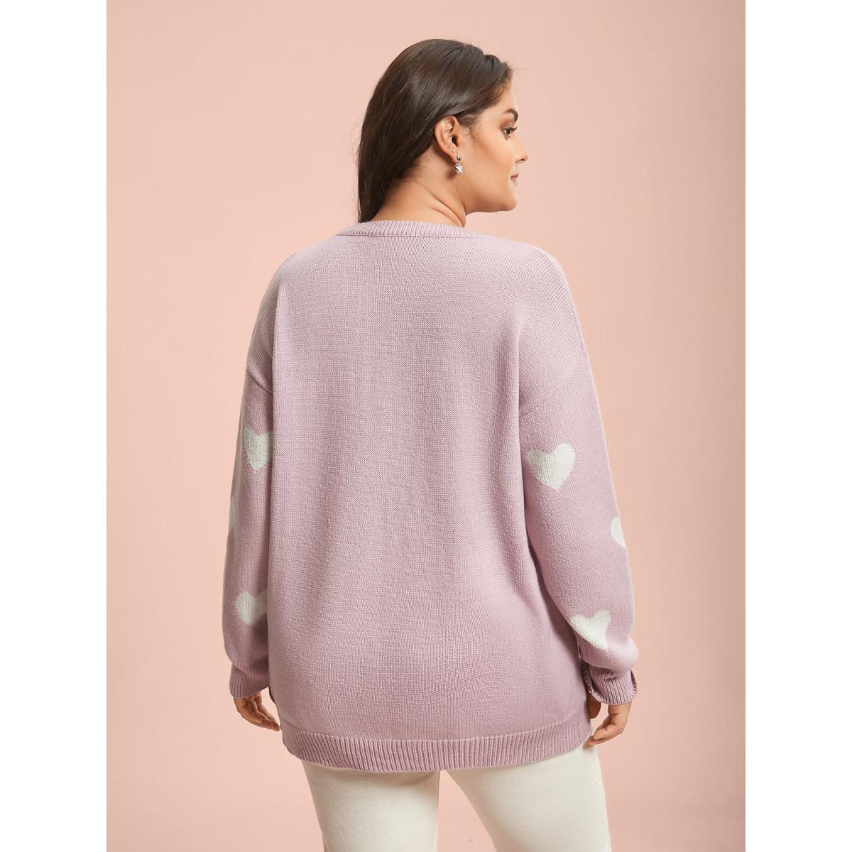 Plus Size Heart Jacquard Contrast Ribbed Hem Pullover Lightpink Women Casual Loose Long Sleeve Round Neck Everyday Pullovers BloomChic 10/M Product Image