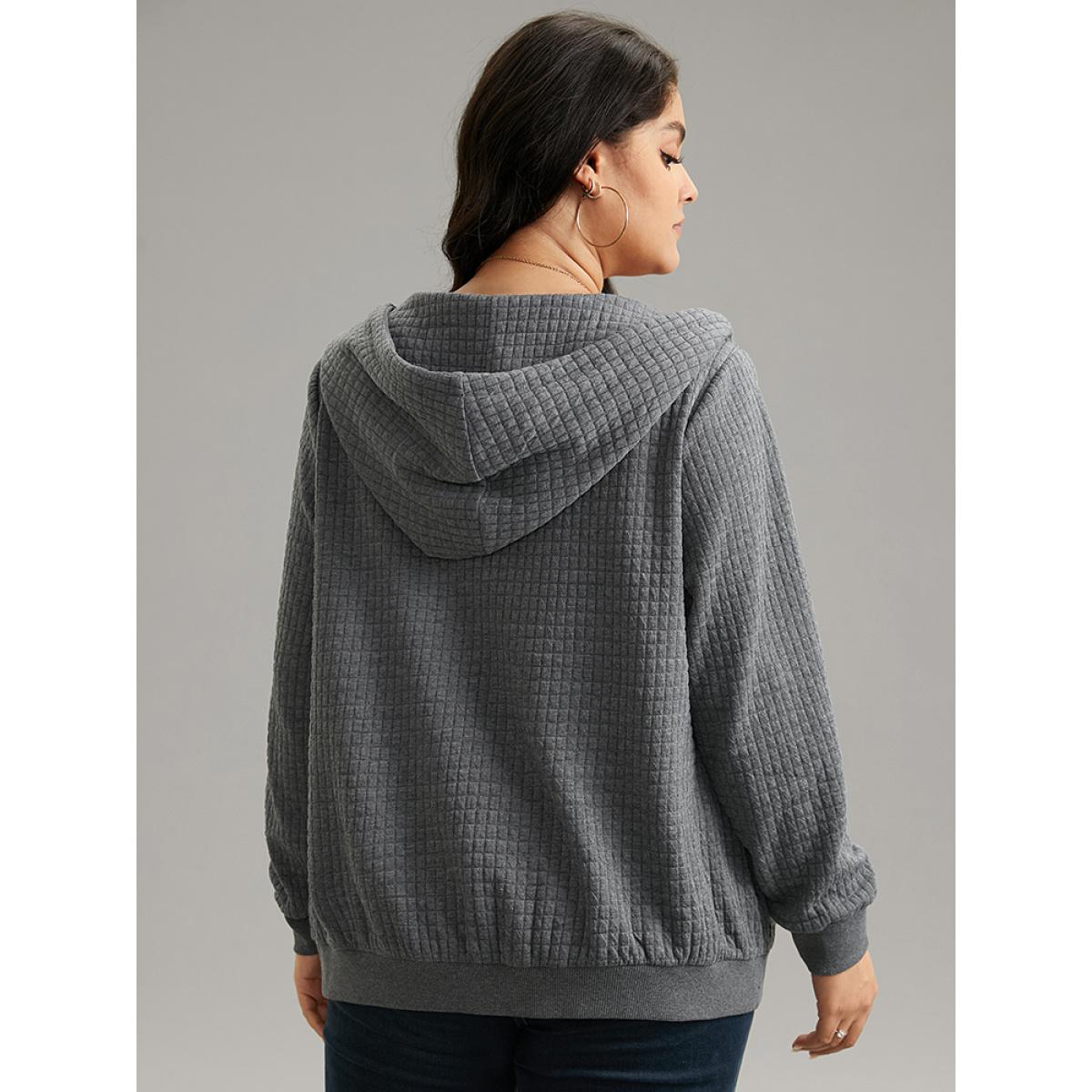 Plus Size Plain Zipper Drawstring Jacquard Jacket Women Gray Plain Pocket Everyday Jackets BloomChic 12/L Product Image