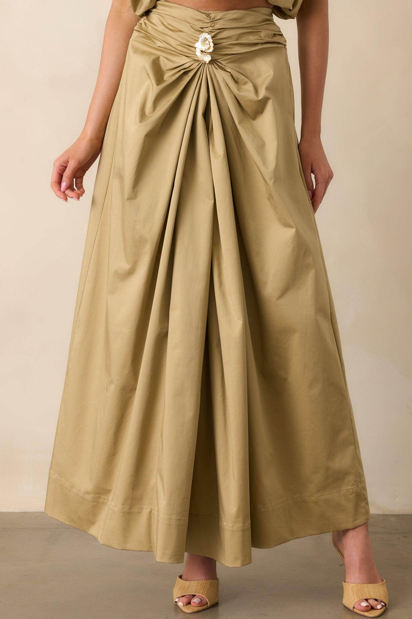 Get My Good Side Tan Ruched Drape Maxi Skirt Product Image
