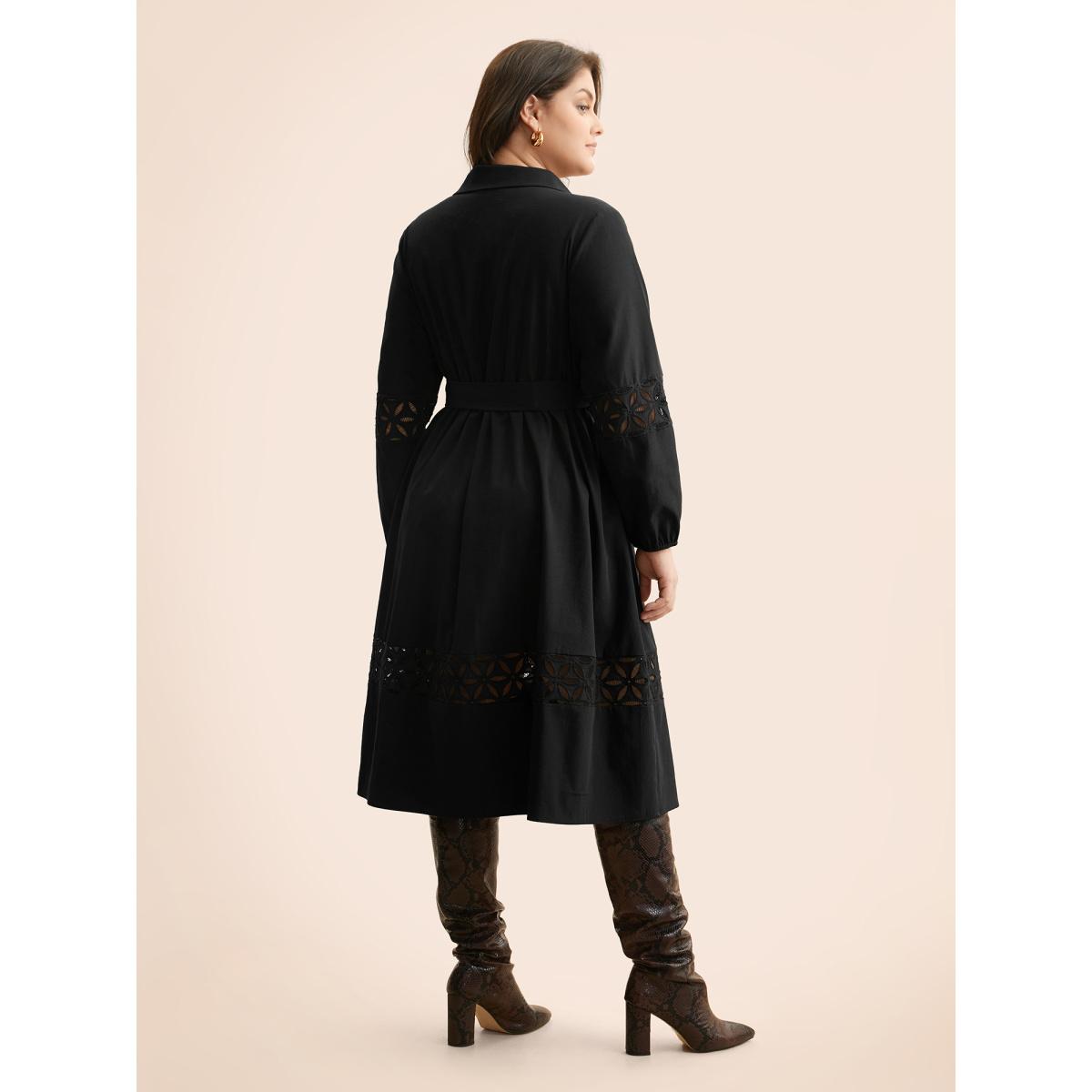 Plus Size Solid Button Up Woven Ribbon Dress Black Women At the Office Woven ribbon&lace trim Shirt collar Long Sleeve Curvy BloomChic 14-16/1X Product Image