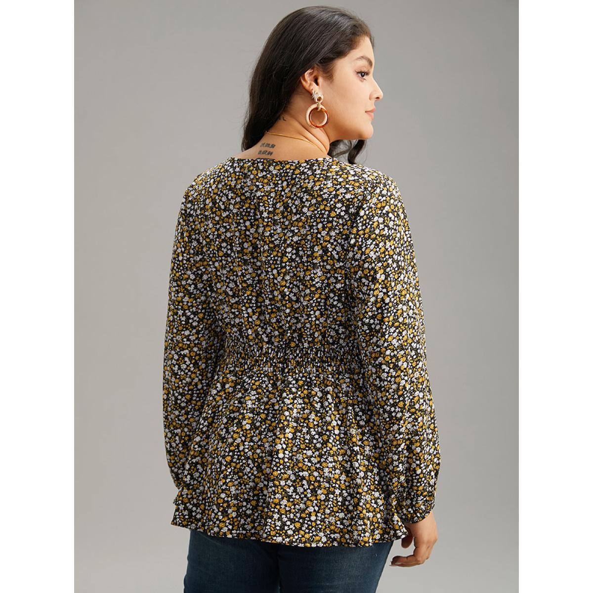 Plus Size Black Ditsy Floral Lantern Sleeve Shirred Blouse Women Elegant Long Sleeve V-neck Dailywear Blouses BloomChic 18-20/2X Product Image