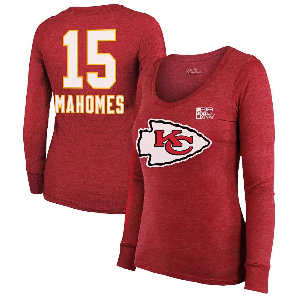 Women's Majestic Threads Patrick Mahomes Red Kansas City Chiefs Super Bowl LIX Player Name & Number Tri-Blend Long Sleeve Scoop Neck T-Shirt, Size: Small Product Image