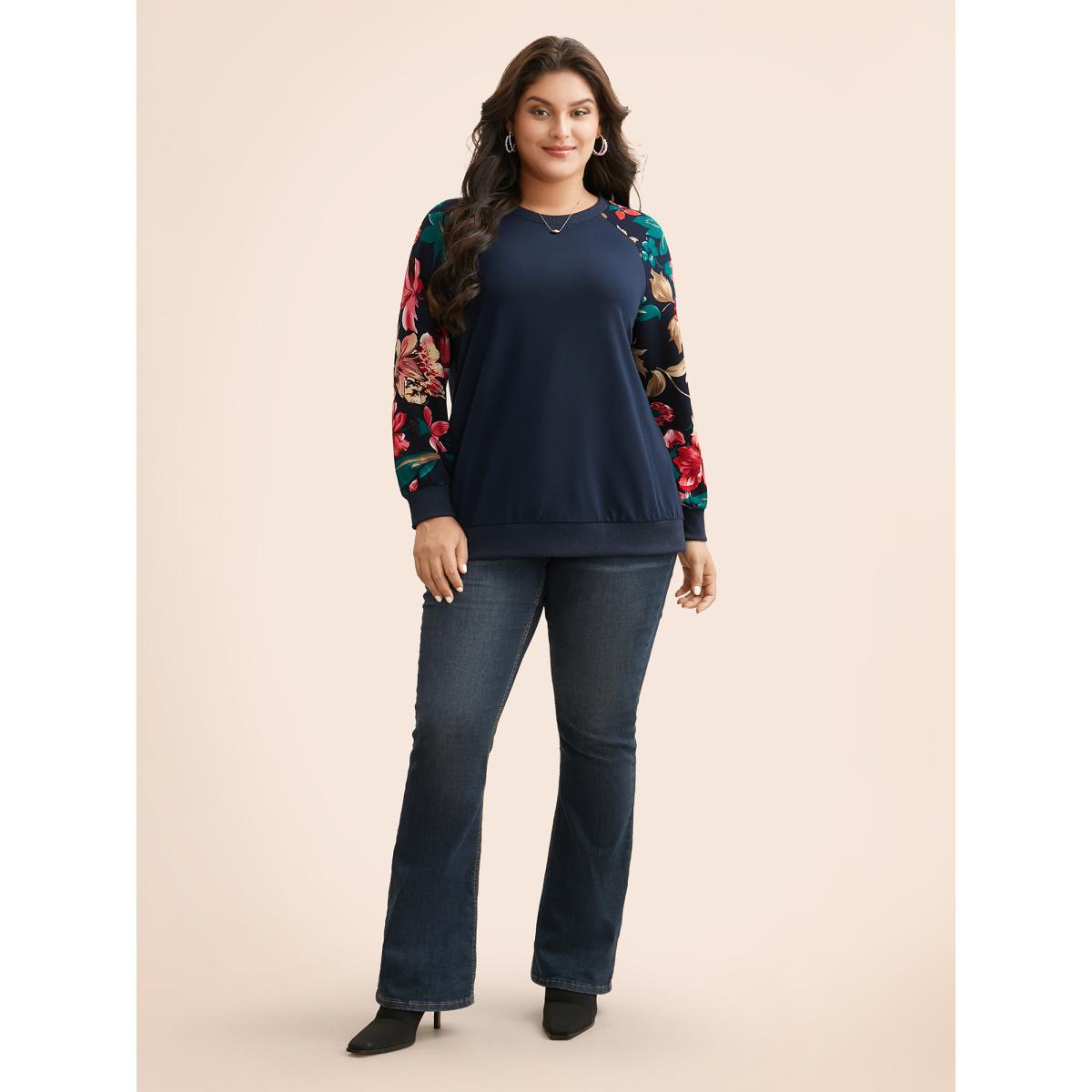 Plus Size Floral Patchwork Raglan Sleeve Sweatshirt Women DarkBlue Elegant Contrast Round Neck Everyday Sweatshirts BloomChic 18-20/2X Product Image