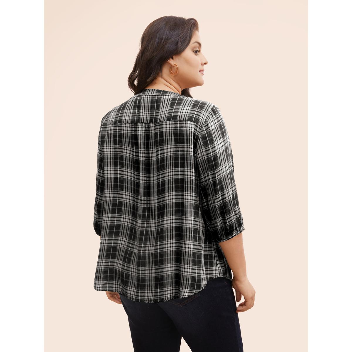 Plus Size Multicolor Plaid Pleated Button Placket Blouse Women Elegant Elbow-length sleeve Flat collar with V-notch Everyday Blouses BloomChic 14-16/1X Product Image