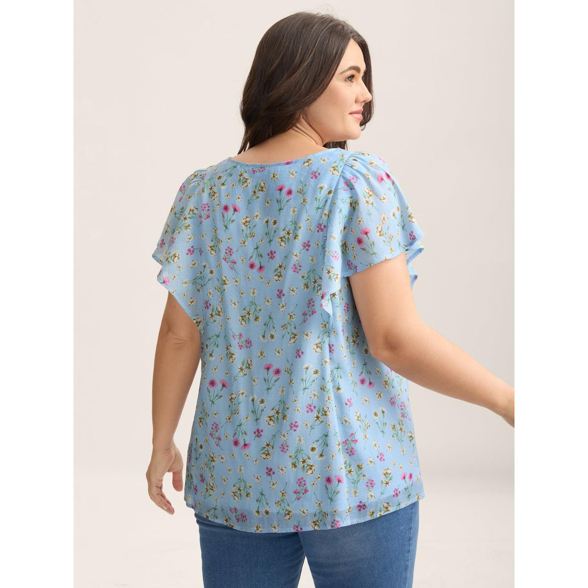Plus Size LightBlue Floral Print Ruffled Flowy Blouse Women Cap Sleeve Square Neck Elegant Blouses BloomChic 22-24/3X Product Image