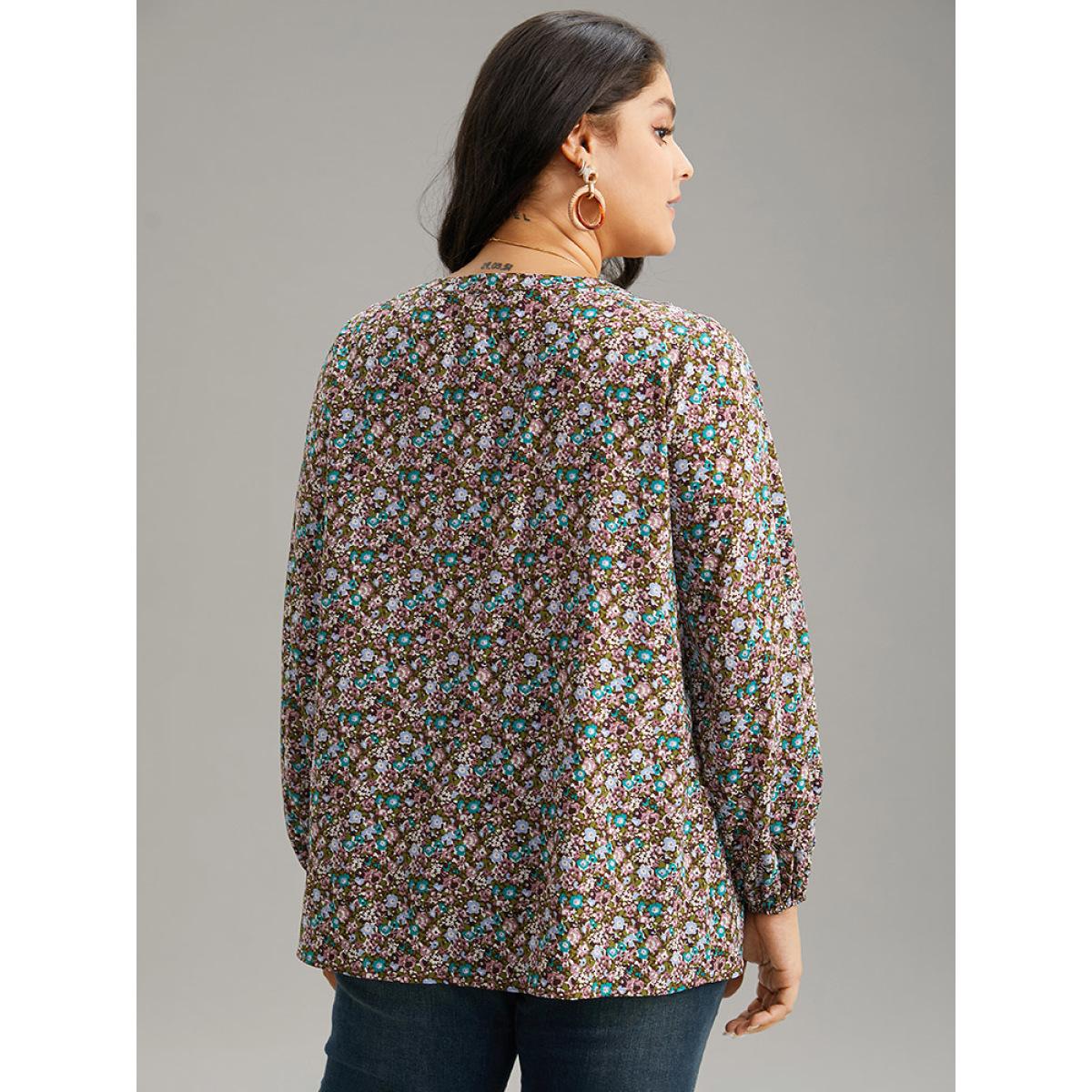 Plus Size DarkBrown Ditsy Floral Notched Frill Trim Blouse Women Elegant Long Sleeve Notched collar Dailywear Blouses BloomChic 30/6X Product Image