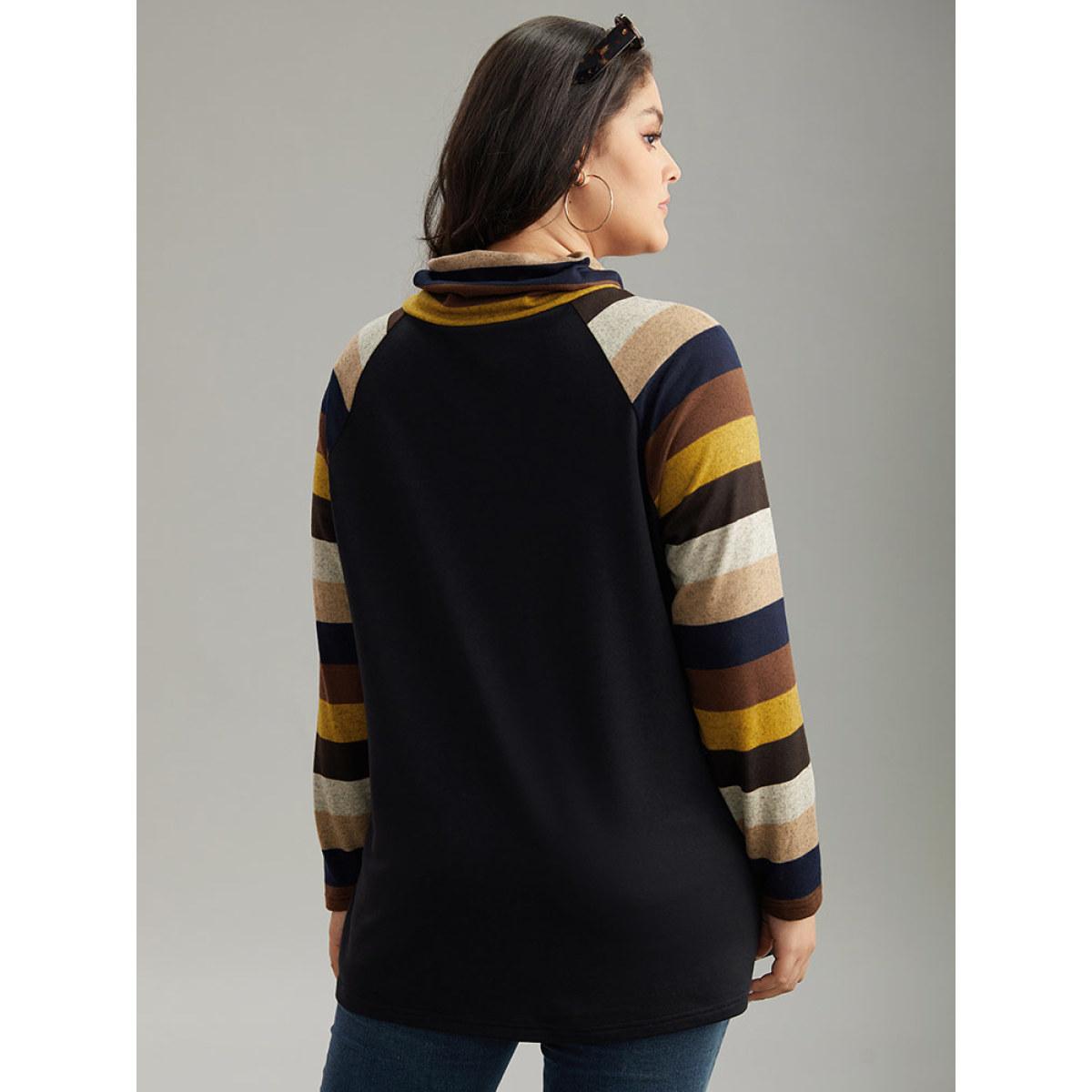 Plus Size Mock Neck Colour Striped Drawstring Sweatshirt Women Black Casual Patchwork Mock Neck Dailywear Sweatshirts BloomChic 26/4X Product Image