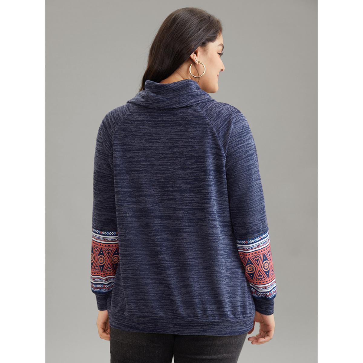 Plus Size Heather Boho Print Raglan Sleeve Turtleneck Sweatshirt Women Blue Casual Heather Turtleneck Dailywear Sweatshirts BloomChic 30/6X Product Image