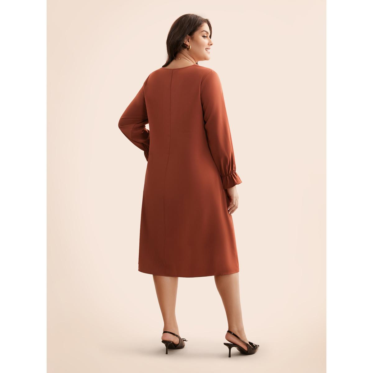 Plus Size V Neck Pleated Lantern Sleeve Dress Rust Women At the Office Tucked seam V-neck Long Sleeve Curvy BloomChic 30/6X Product Image