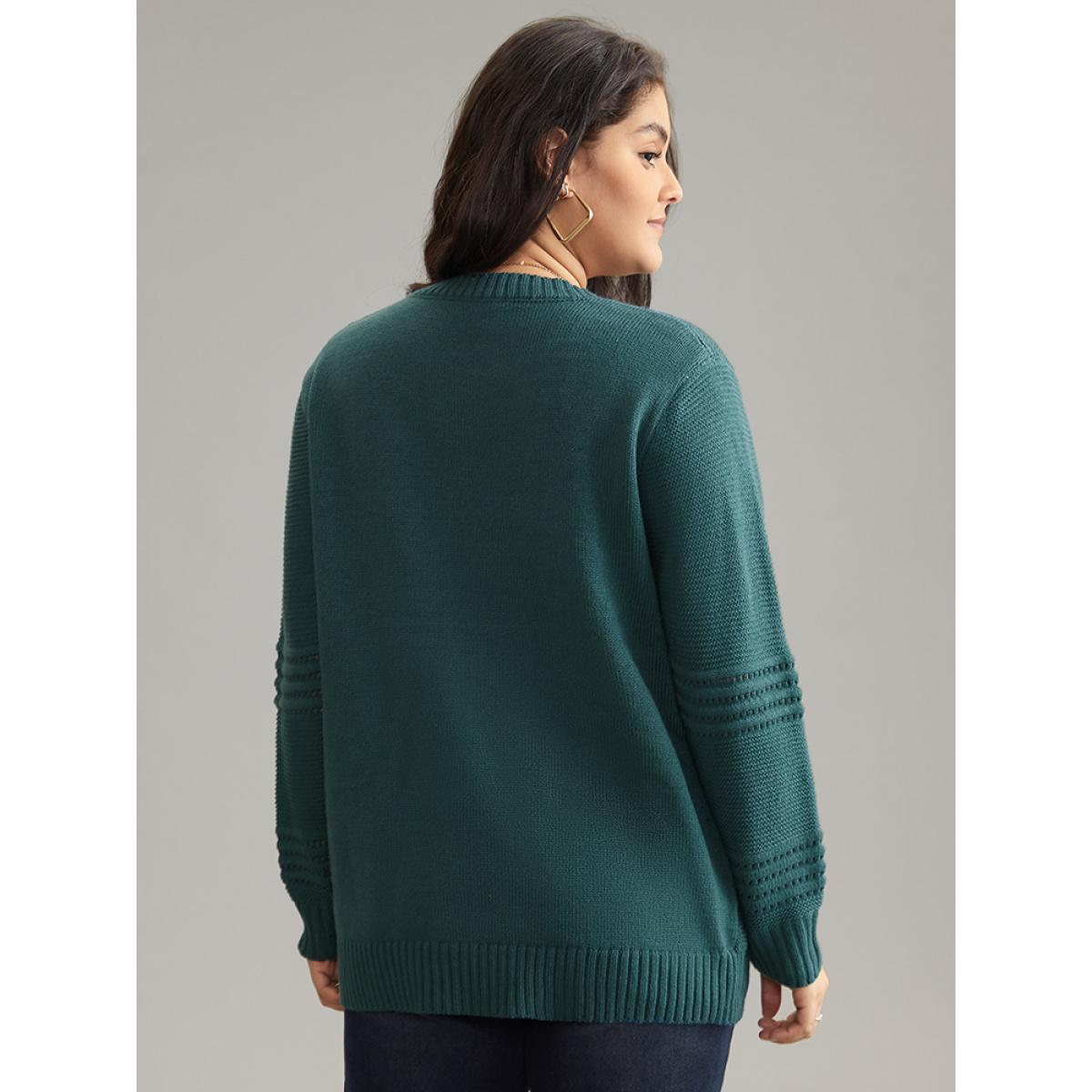 Plus Size Textured Plain Loose Elastic Cuffs Pullover Cyan Women Casual Loose Long Sleeve Round Neck Dailywear Pullovers BloomChic 12/L Product Image