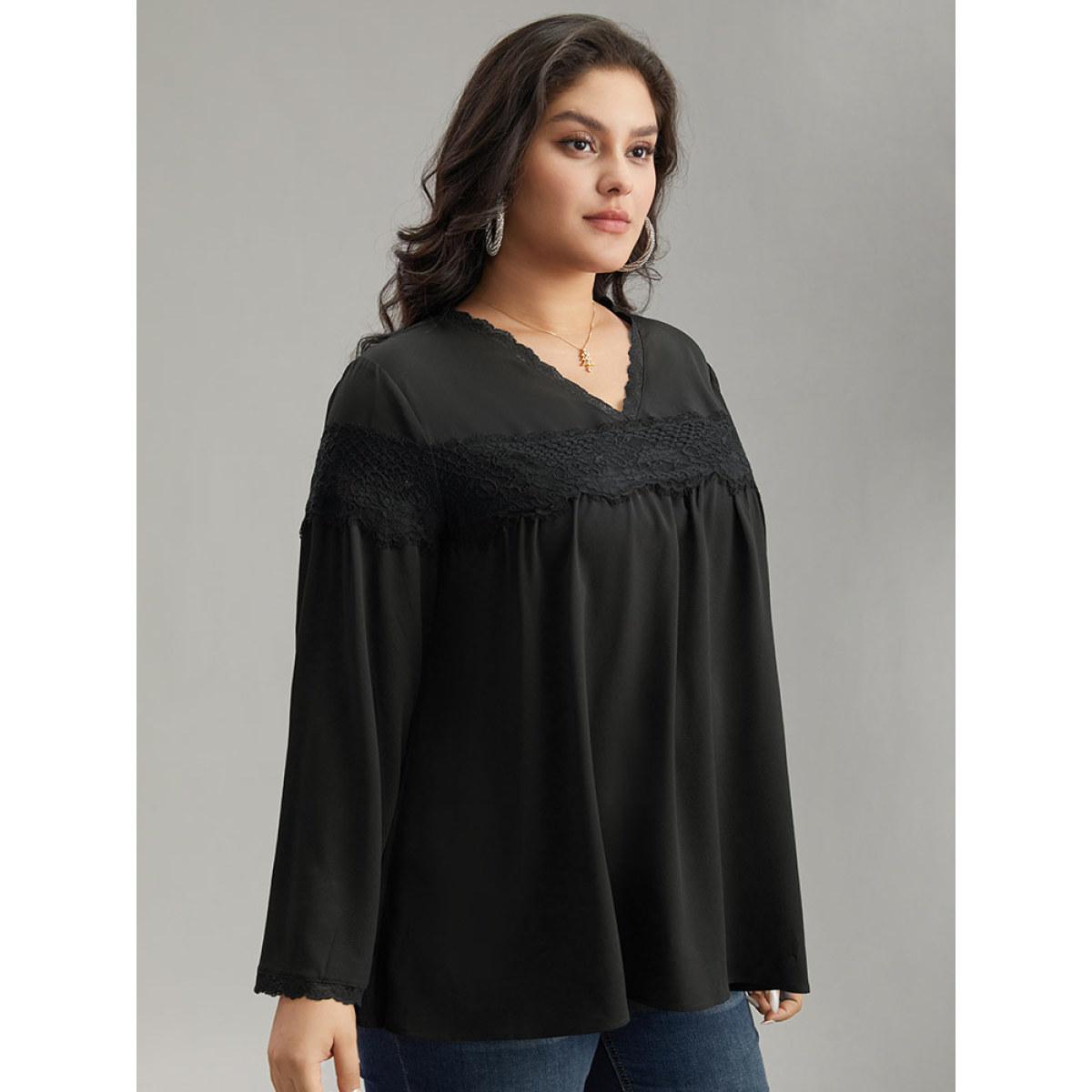 Plus Size Black V Neck Lace Panel Gathered Blouse Women Glamour Long Sleeve V-neck Going out Blouses BloomChic 28/5X Product Image