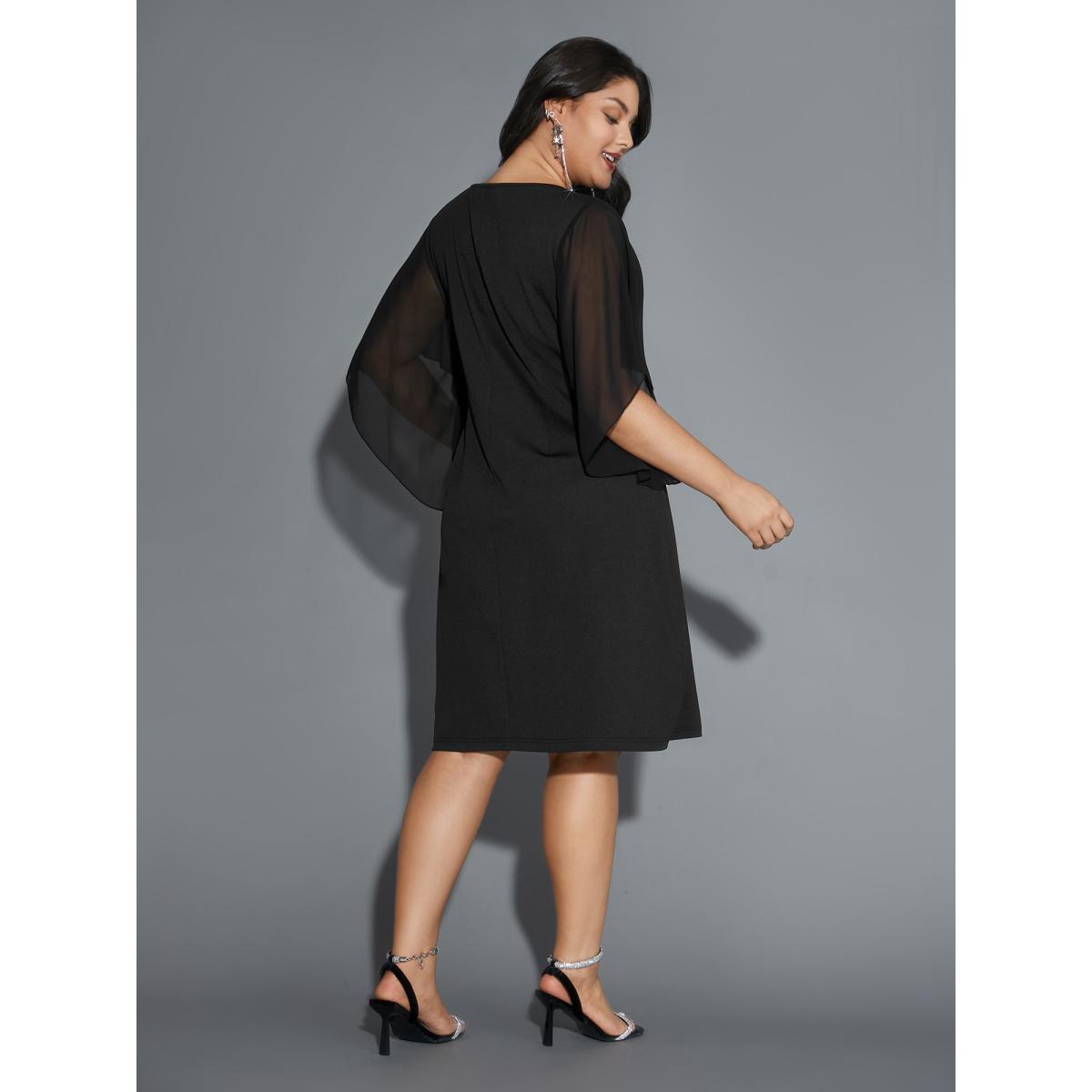 Plus Size Rhinestone Ruffle Sleeve Mesh Patchwork Dress Pureblack Women Party&Cocktail Rhinestone detailing Party Curvy Bloomchic 18-20/2X Product Image