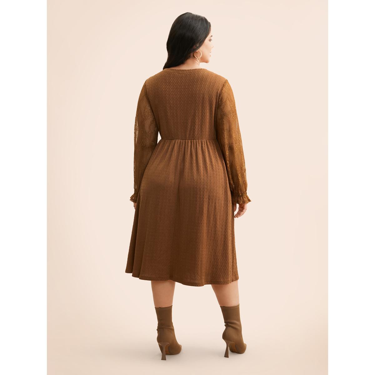 Plus Size Textured Mesh Patchwork Ruffles Dress Yellowishbrown Women Timeless Woven ribbon&lace trim Round Neck Extra Long Sleeve Curvy BloomChic 12/L Product Image