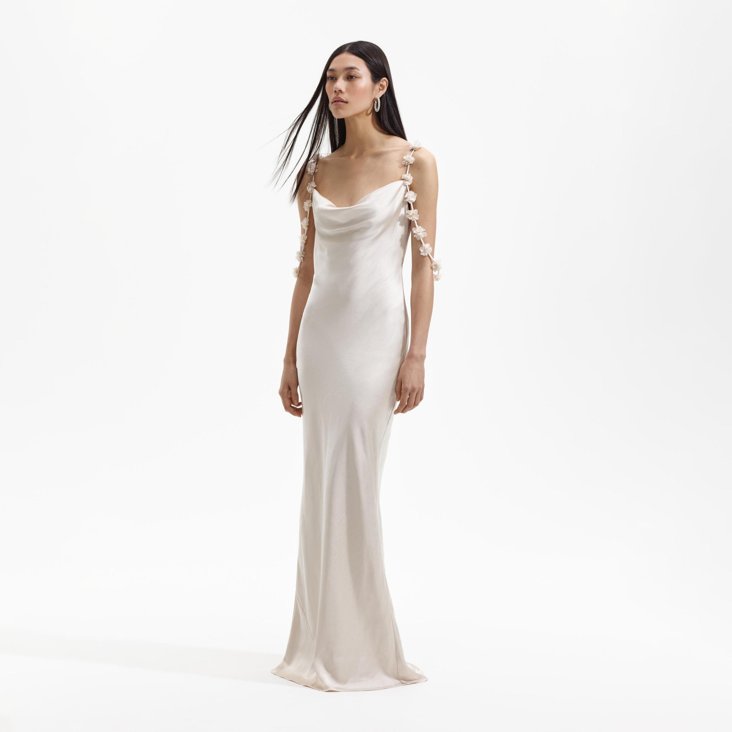 Champagne Satin Flower Maxi Dress Product Image