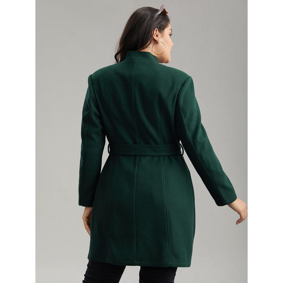 Plus Size Solid Metal Detail Belted Pocket Coat Women DarkGreen Elegant Plain Ladies Everyday Winter Coats BloomChic 28/5X Product Image