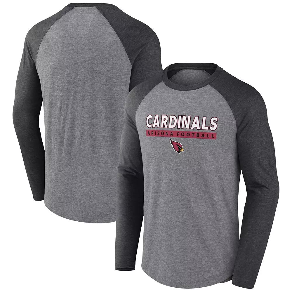 Men's Fanatics Heather Gray/Charcoal Arizona Cardinals Tri-Blend Raglan Long Sleeve T-Shirt,  Product Image