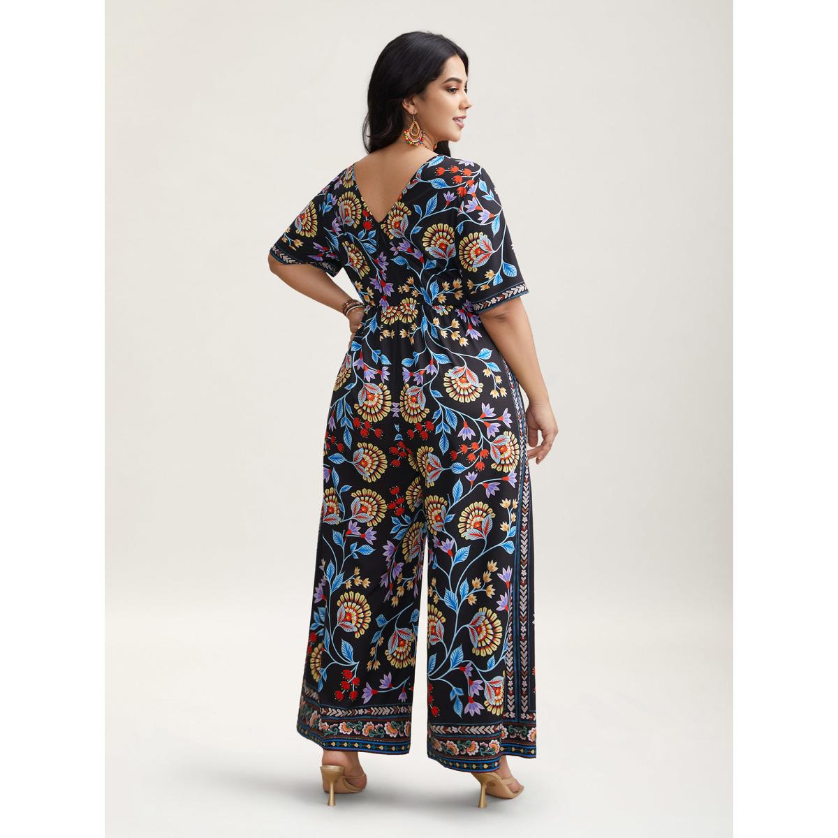 Plus Size Black Deep V-Neck Tropical Print Jumpsuit Women Resort Half Sleeve V-neck Vacation Loose Jumpsuits BloomChic 26/4X Product Image