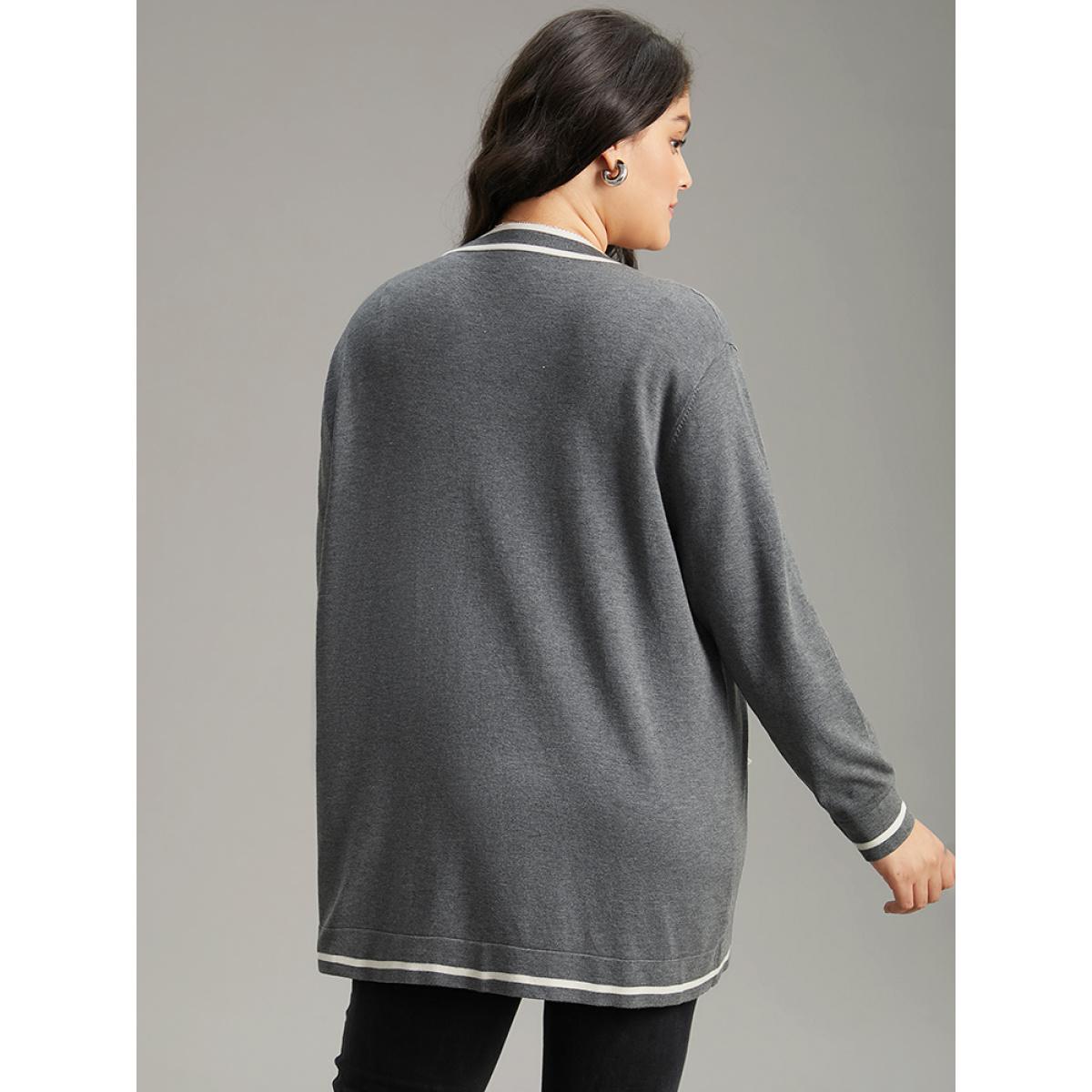 Plus Size Supersoft Essentials Striped Patchwork Pocket Open Front Cardigan Gray Women Casual Loose Long Sleeve Everyday Cardigans BloomChic 10/M Product Image