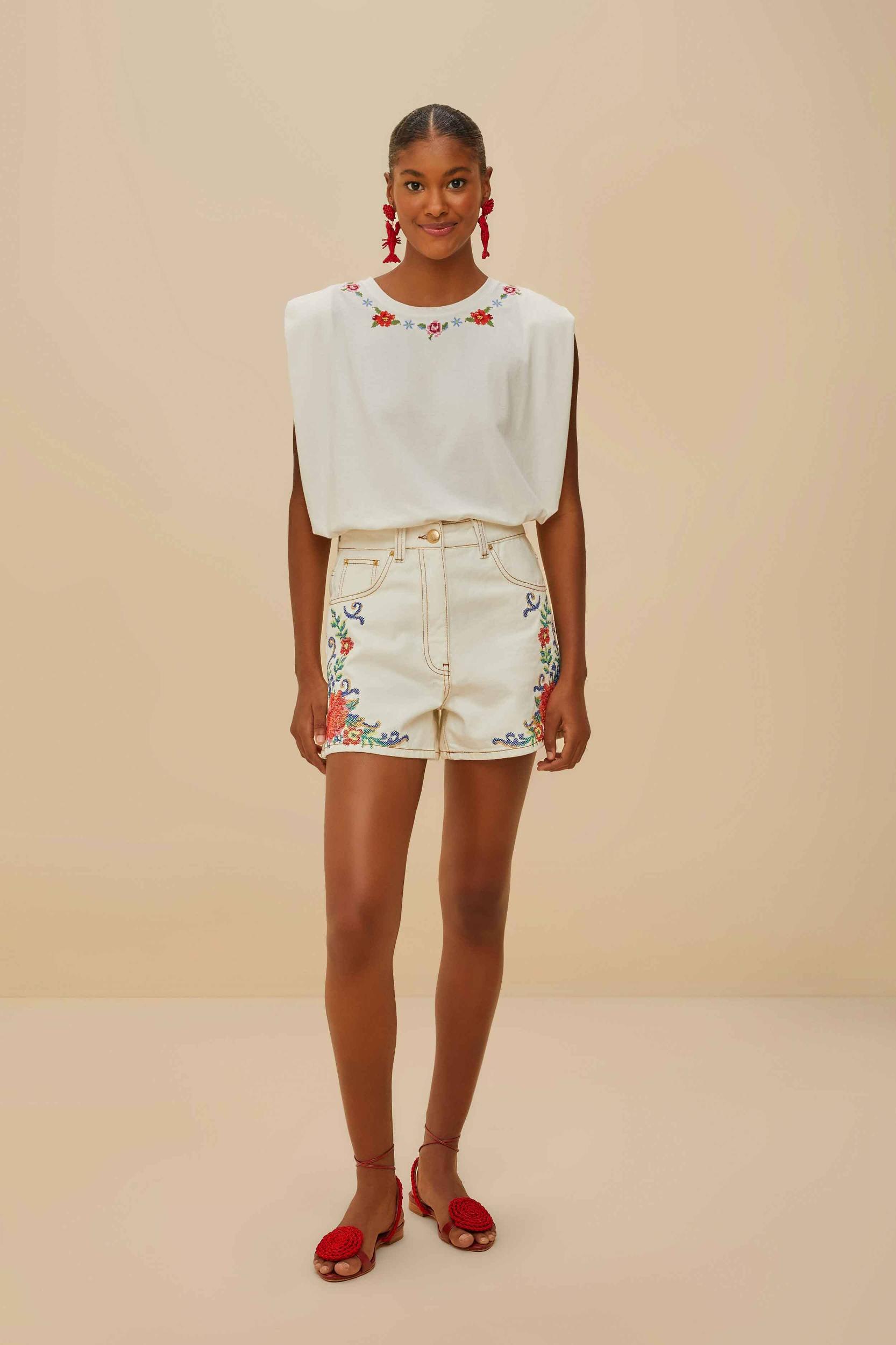 Off-White Cross Stitch Flowers Organic Cotton T-Shirt Product Image