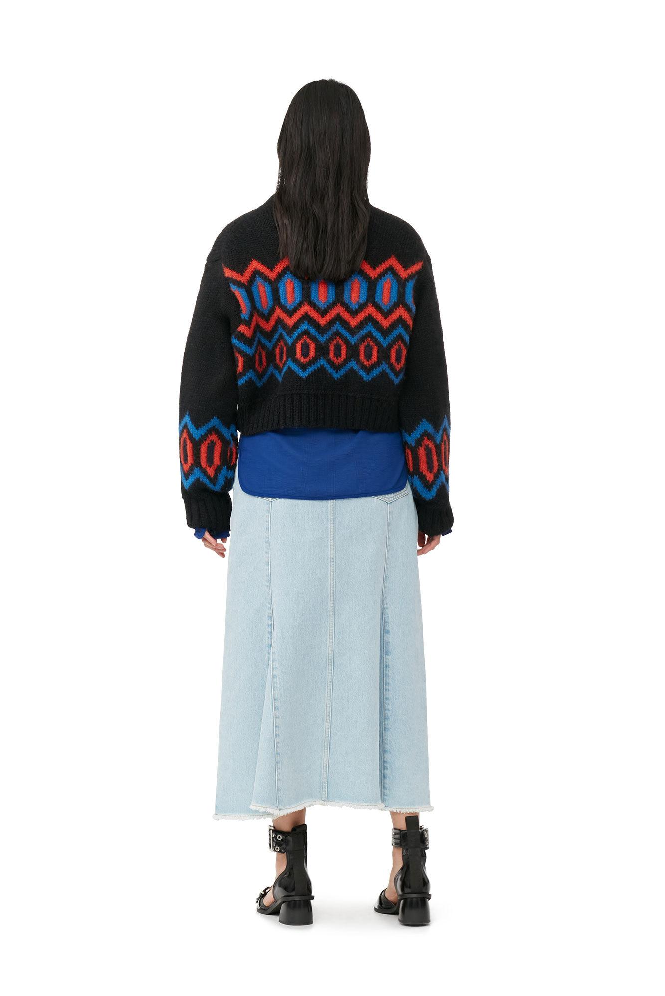 Black Chunky Wool Cropped O-neck Sweater Product Image