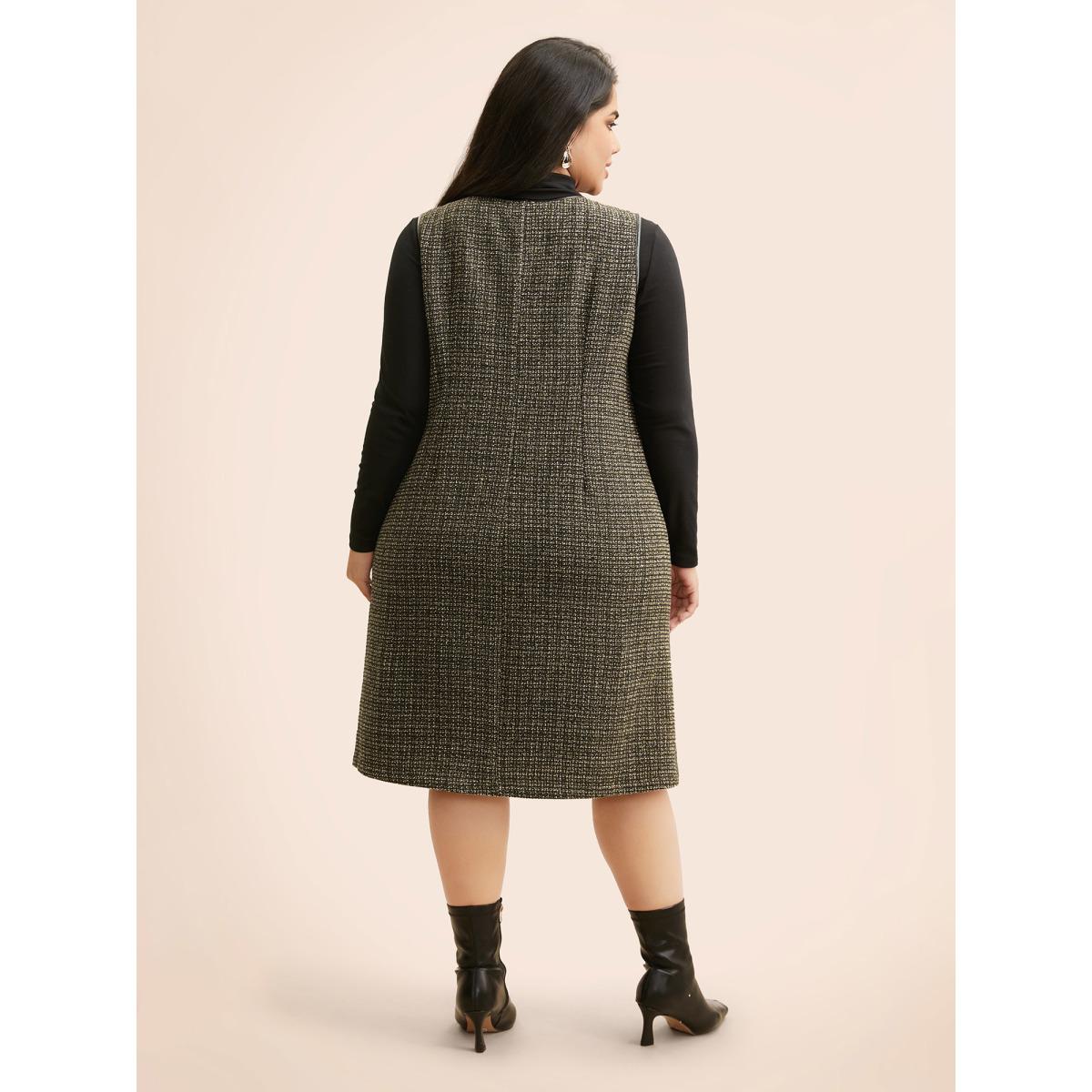 Plus Size Tweed Patchwork Flap Pocket Dress Black Women Casual Texture Round Neck Sleeveless Curvy BloomChic 26/4X Product Image