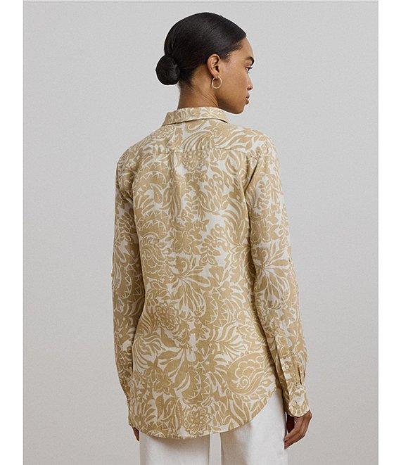 Lauren Ralph Lauren Petite Size Linen Floral Point Collar Long Roll-Tab Sleeve Button Front Shirt Product Image