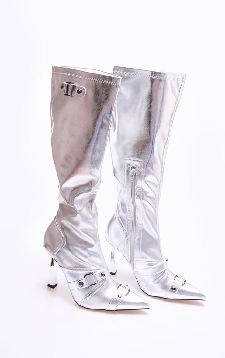 Silver Pu Metallic Buckle Detail High Heeled Knee Boots Product Image