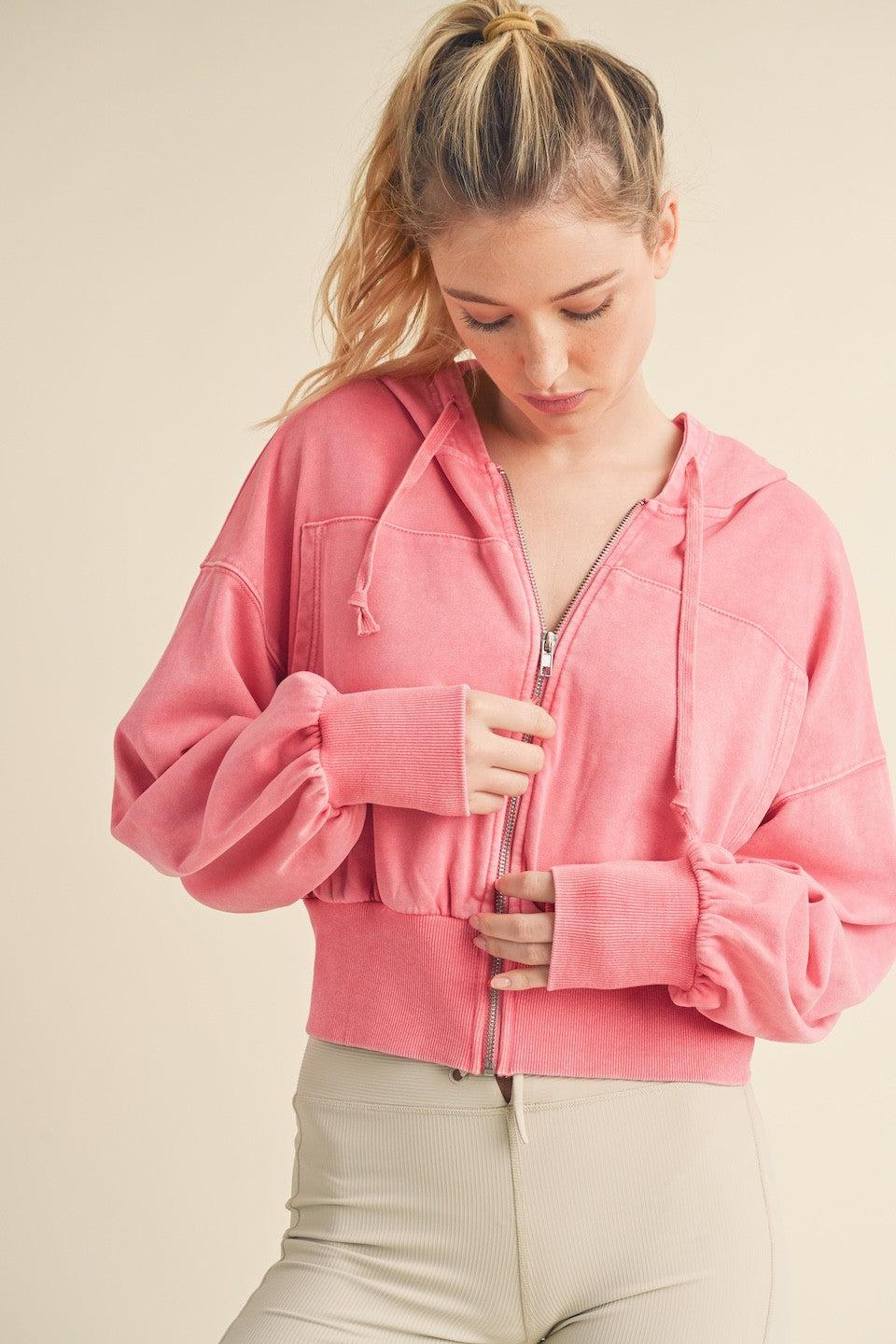 Mineral Washed Zip Up Cropped Hoodie Product Image