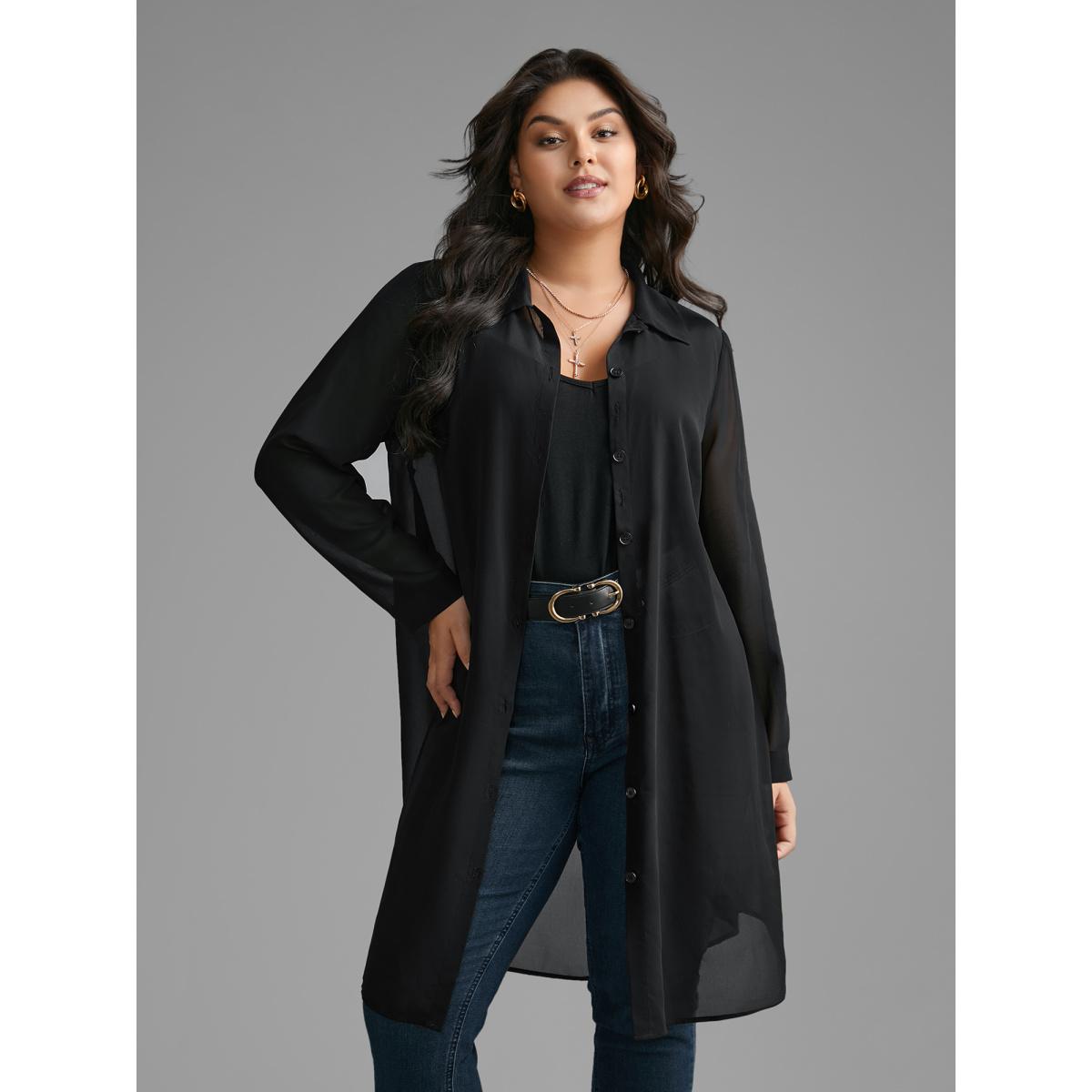 Plus Size Black Chiffon Mesh Pleated Tunic Blouse Women Elegant Long Sleeve Shirt collar Everyday Blouses BloomChic 30/6X Product Image