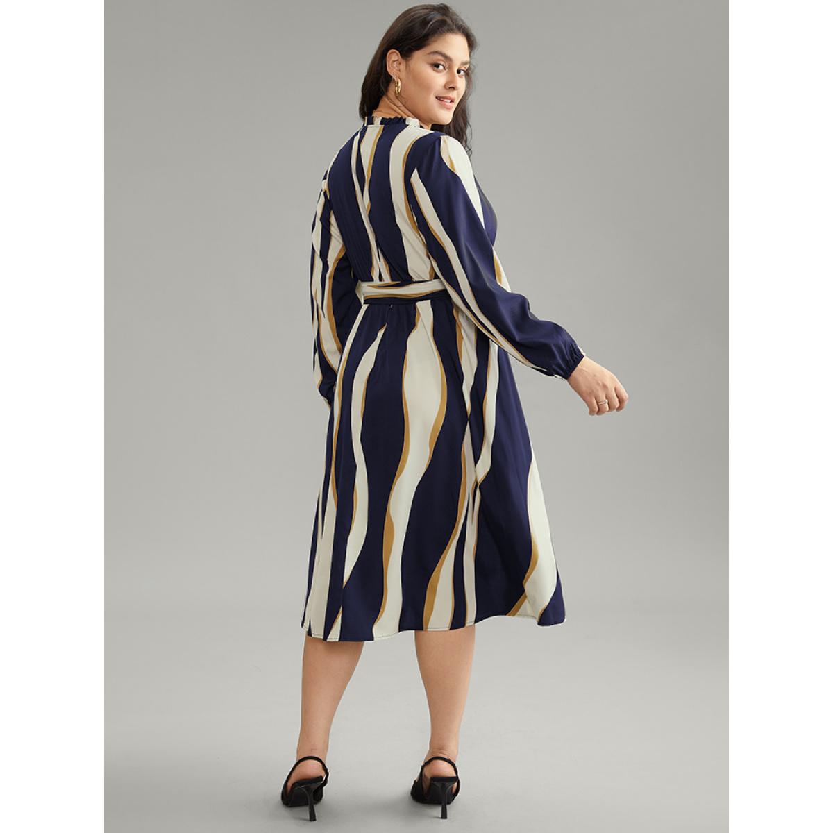 Plus Size Colorblock Striped Notched Belted Lantern Sleeve Dress DarkBlue Women At the Office Elastic cuffs Notched collar Long Sleeve Curvy Midi Dress BloomChic 30/6X Product Image